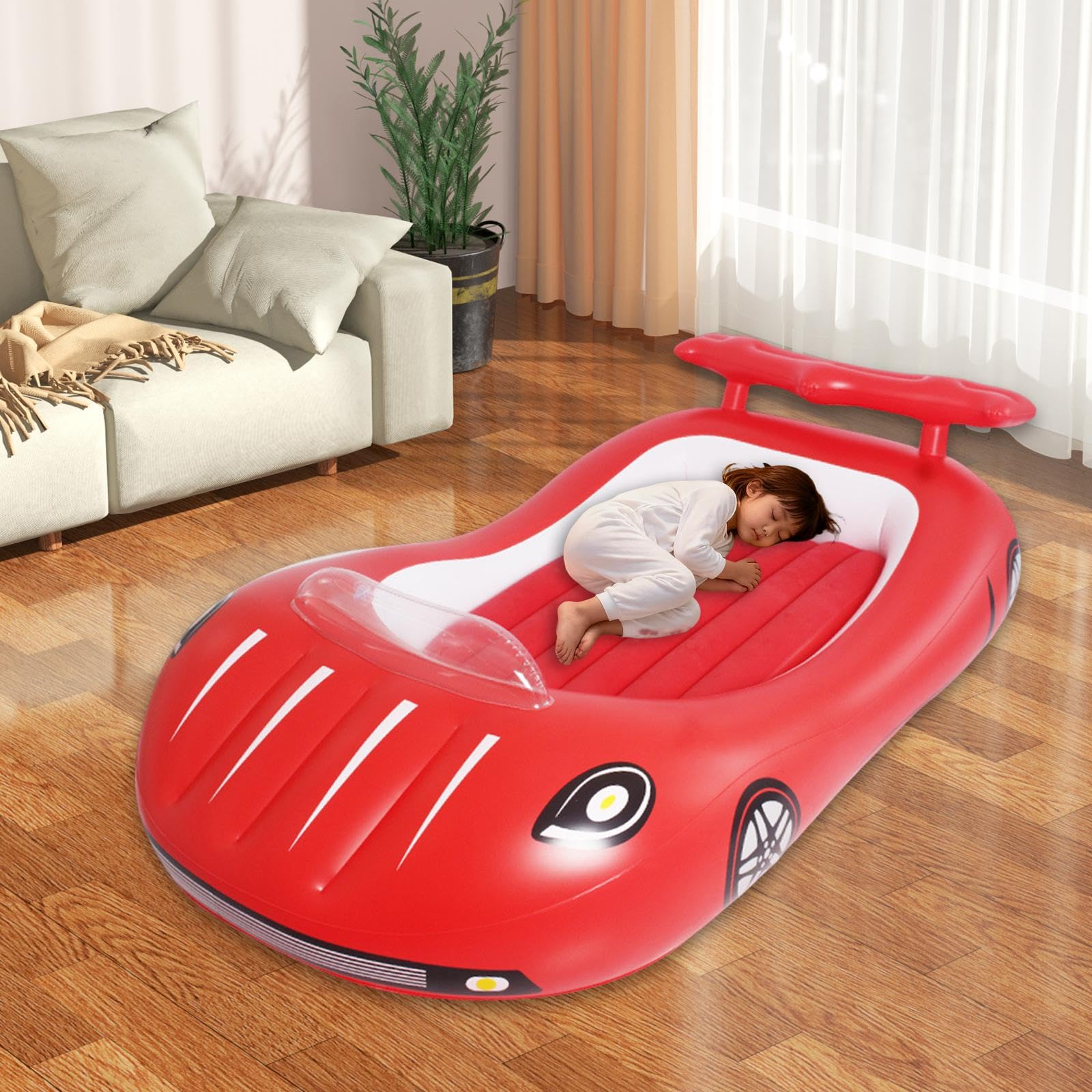 Letto Gonfiabile Bambini Materasso Ad Portatile Morbido PVC Forma Macchina con Ampio Spazio E Sponde Laterali Adatto a Sonno Gioco Casa, Rosso