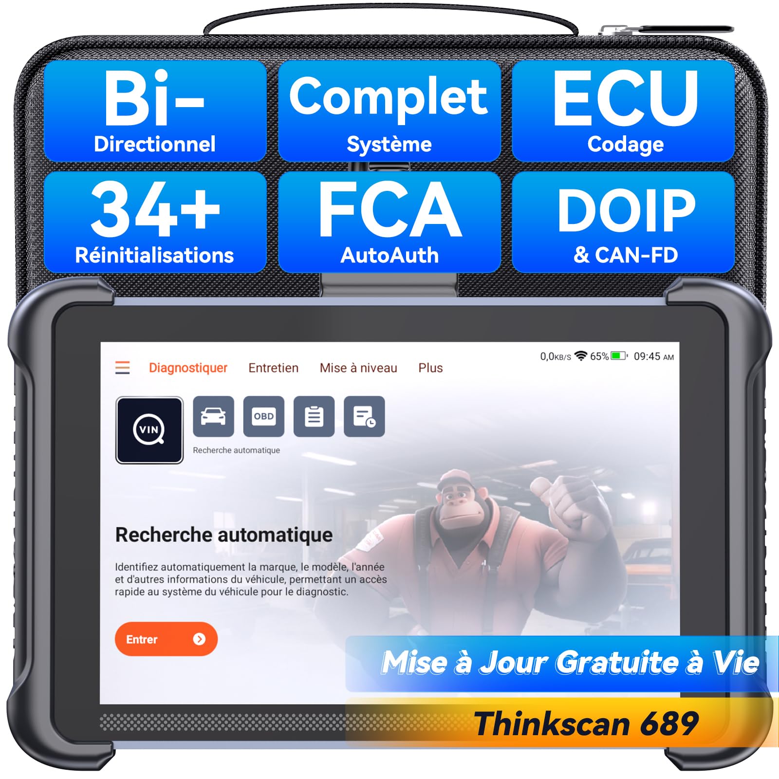 thinkcar ThinkScan TK689 Valise Diagnostic Auto, Bidirectionnel OBD2 Diagnostic Automobile Complet, 34+ Réinitialisation, Codage ECU, FCA Autoauth, CANFD&DoIP, Mise à Jour Gratuite à Vie