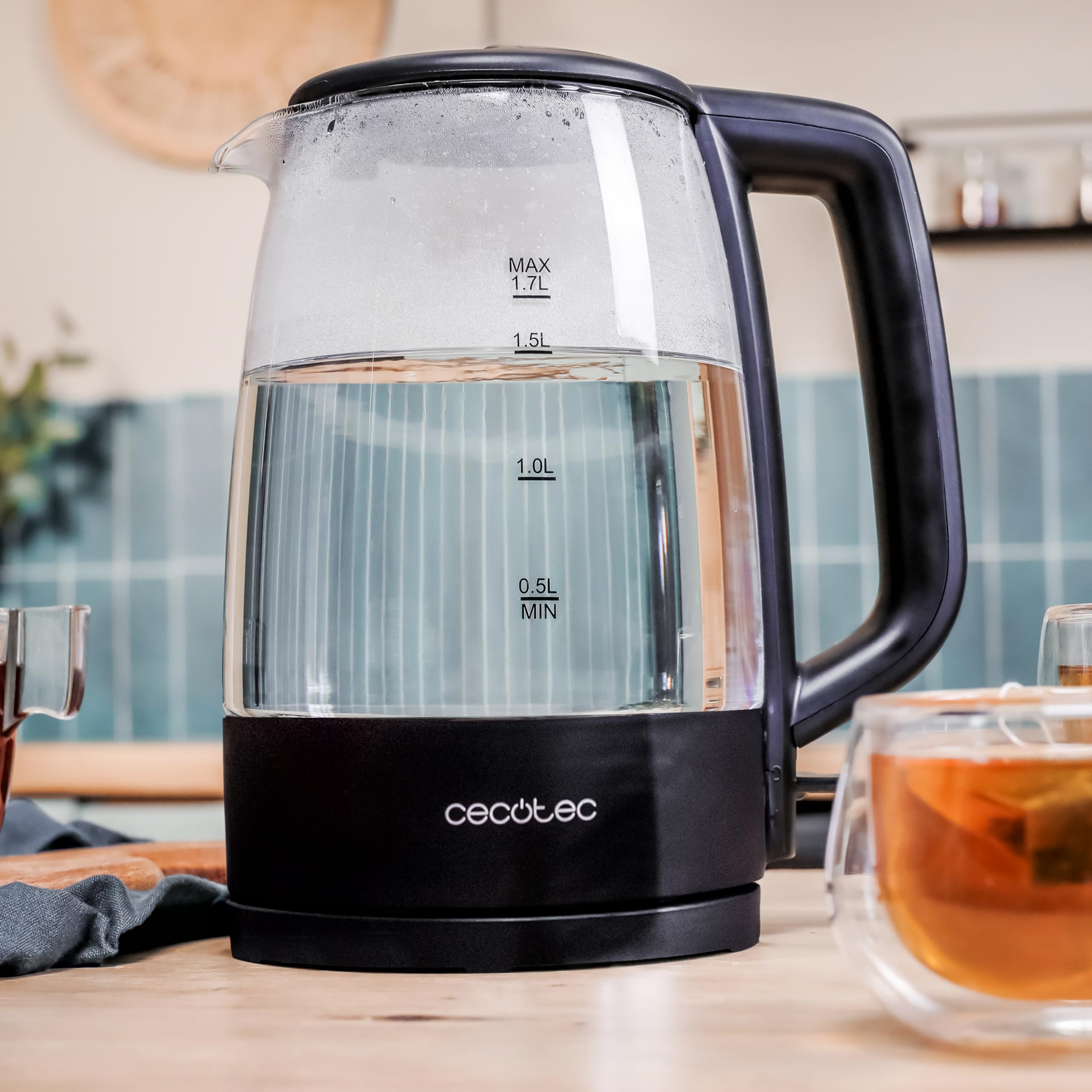 Cecotec Bollitore Elettrico per Acqua da 1,7 L ThermoSense 320 Clear. 2200W, Corpo in Vetro di Borosilicato di Alta Qualità, Indicatore Luminoso, Base con Rotazione a 360º, Sistema di Sicurezza