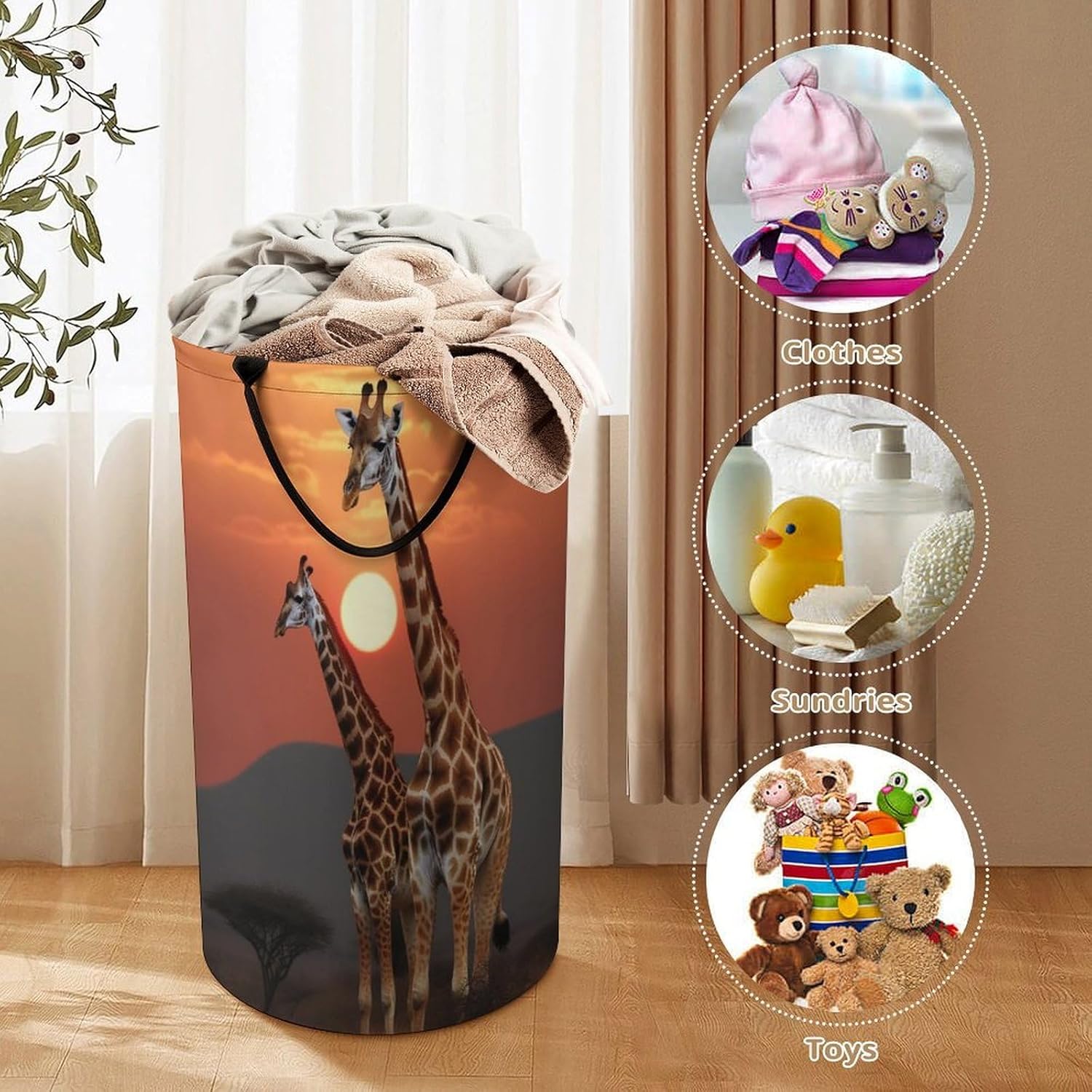 Giraffe At Sunset Laundry Basket Freestanding Laundry Hamper with Handles Waterproof Dirty Clothes Hamper Collapsible Washing Bin Aesthetic Clothes Basket for Bathroom Bedroom Dorm