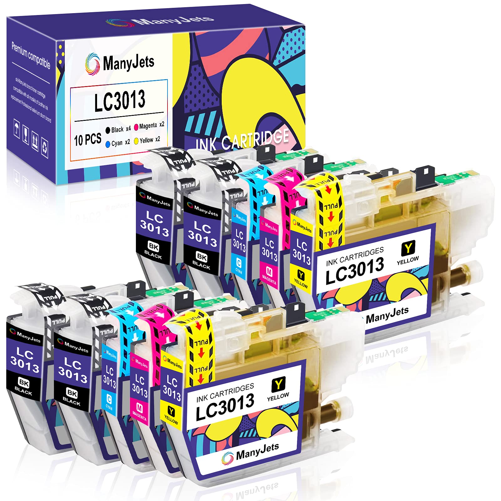 ManyJets LC3013 Compatible Ink Cartridge Replacement for Brother LC3013 LC3011 Work with Brother MFC-J497DW MFC-J895DW MFC-J690DW MFC-J491DW Printer (4 Black, 2 Cyan, 2 Magenta, 2 Yellow, 10-Pack)
