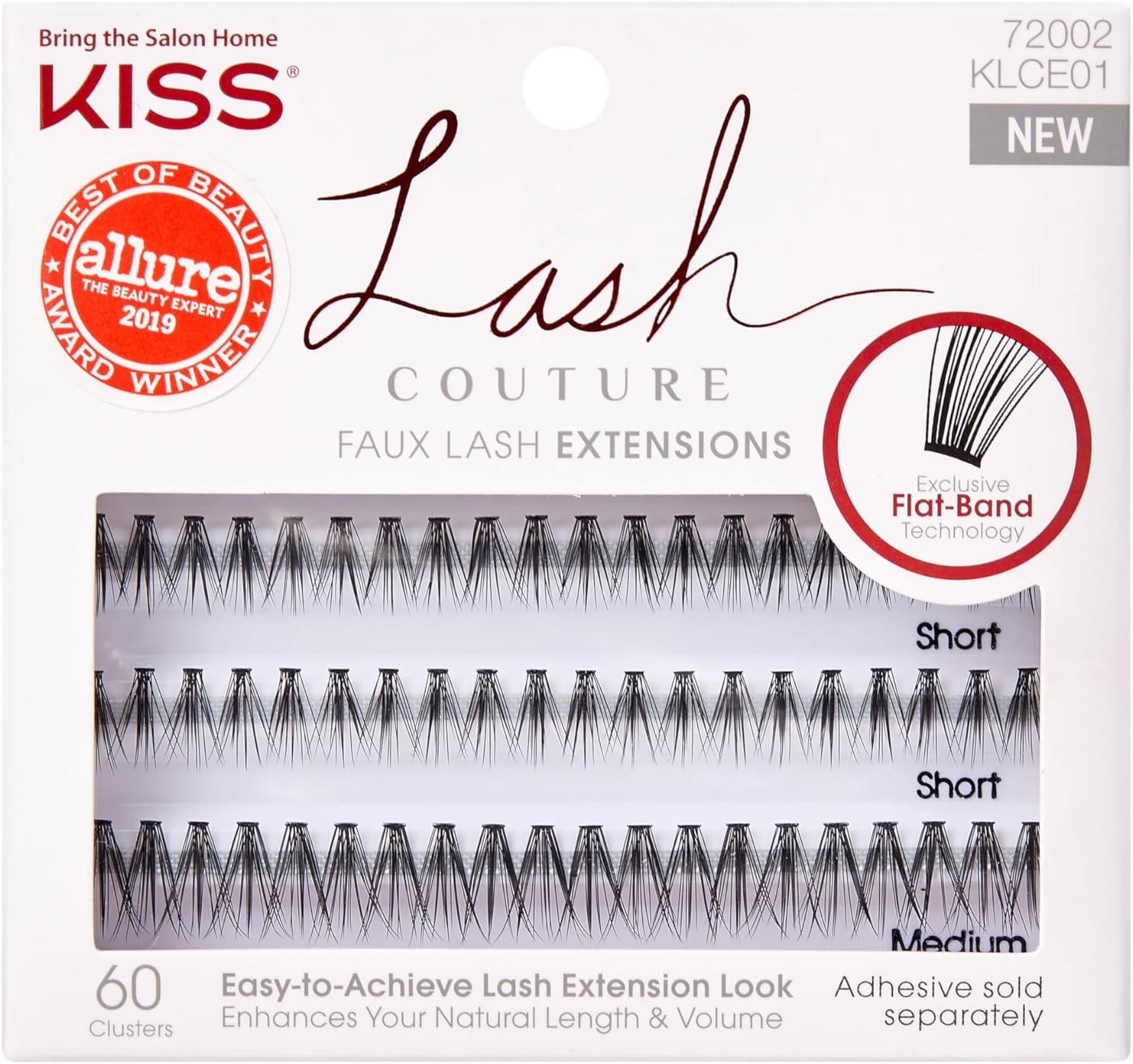 KISS Lash Couture Faux Lash Extensions, Style 'Venus', Exclusive Flat-Band Technology, Short & Medium Length, 60 Individual Lash Clusters