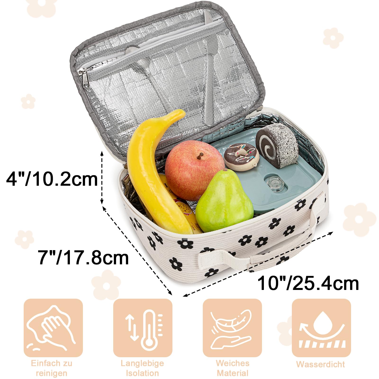 LEDAOU Children's Lunch Bag Boys Girls 5L Lunch Bag Insulated Bag with Zip Thermal Bag Lunch Bag Cool Bag for School Hiking Work (Corduroy Flower Beige) - Image 3