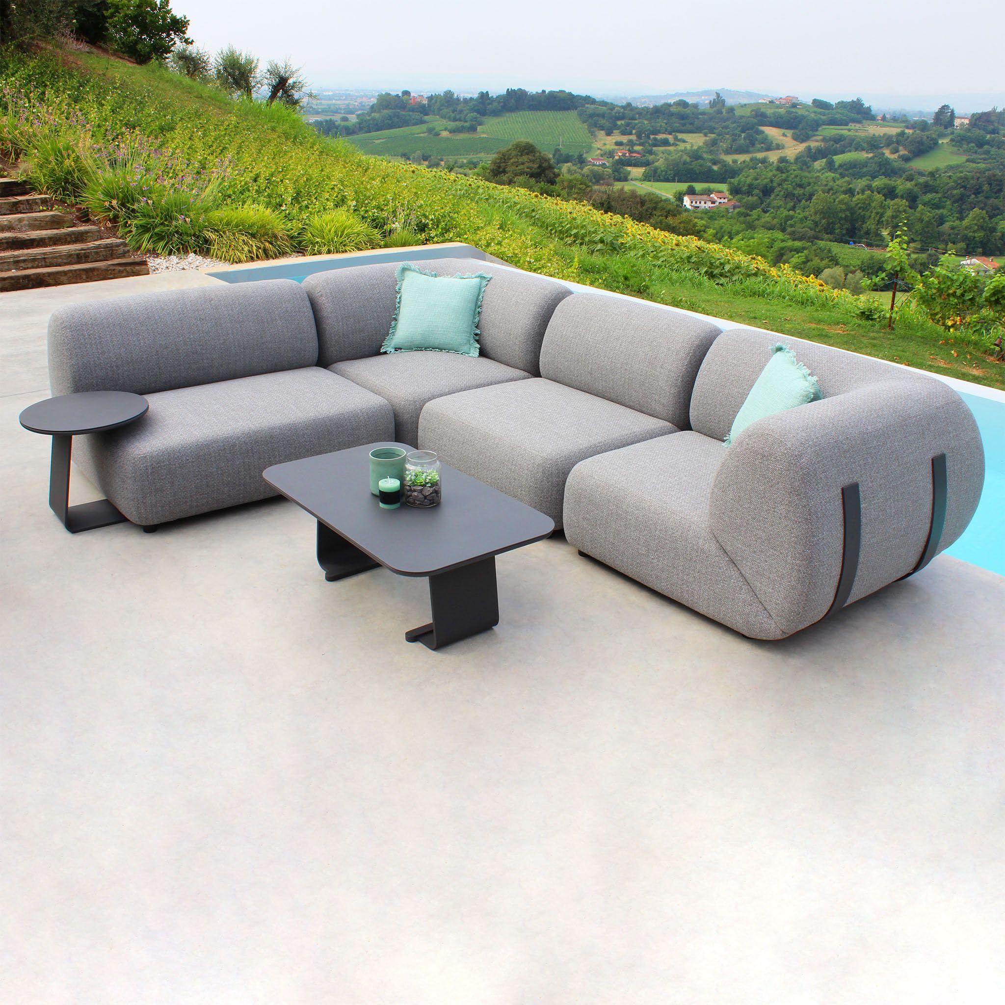 milani home - divano da giardino, alluminio e poliestere, angolare con cuscini modulare componibile, 2 posti, grigio scuro