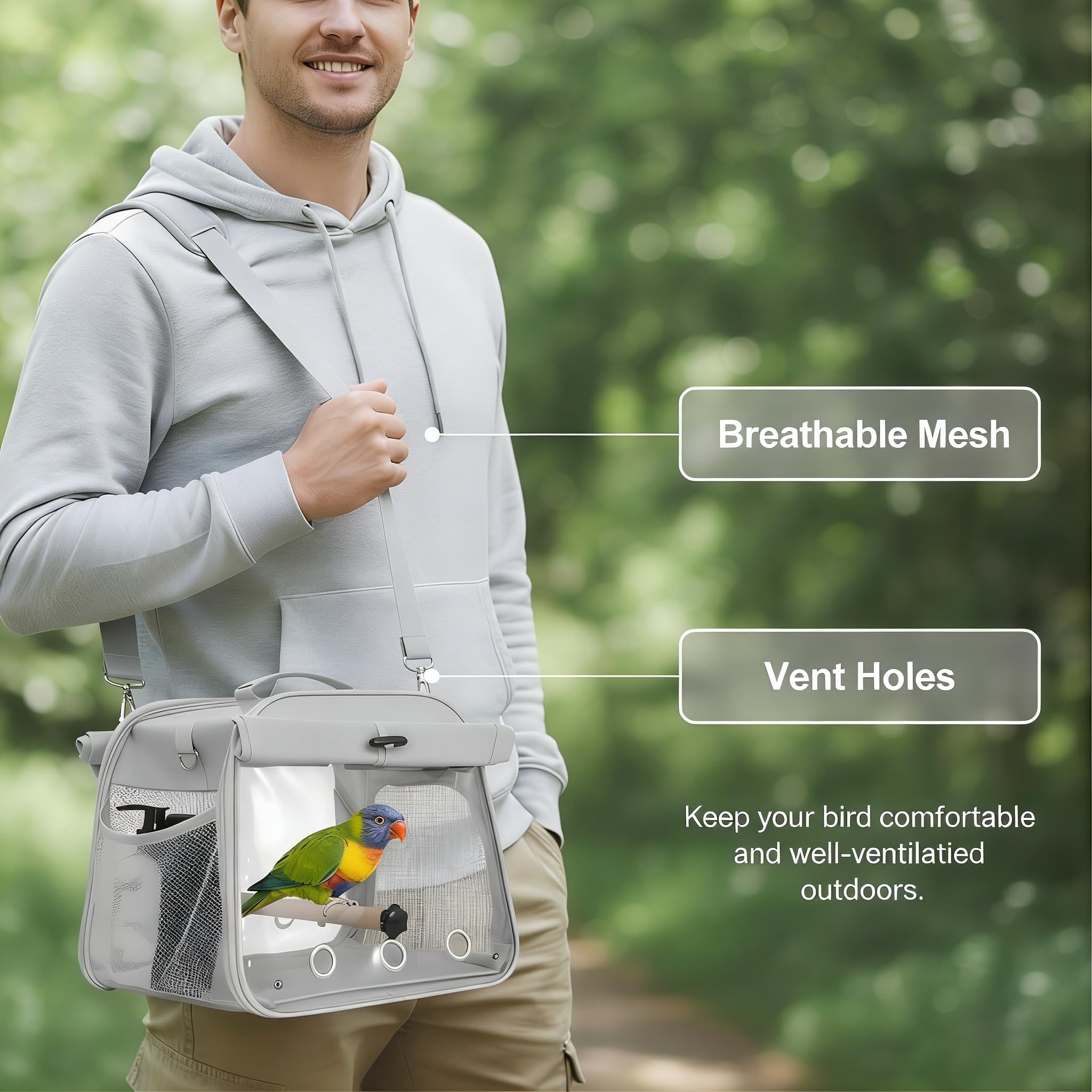 Jaula de viaje para pájaros pequeños, bolsa portátil con perchas de pie para loros, mochila transpirable para pájaros con ventana transparente para periquitos, cacatúas, periquitos, color gris