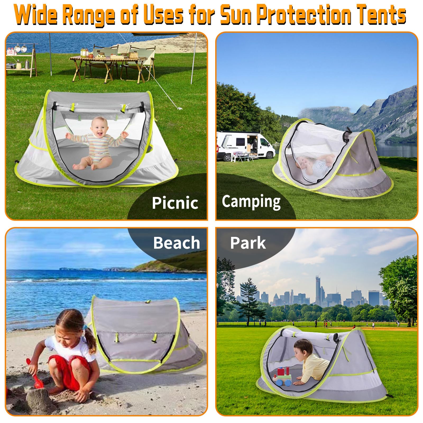 Tenda Bambini Anti-UV Piscina Spiaggia, Tenda Pop-Up Protezione SPF 50+, Tenda Alta Protezione Solare Estiva, Riparo Viaggio Campeggio Protegge Vento/Sole/Sabbia, Parasole Pieghevole Portatile Aperto