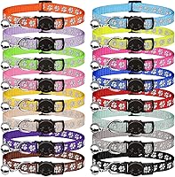 QDYU 16 Pack Reflective Breakaway Cat Collars with Bells - Safety Nylon Kitten Collars for Boys & Girls, Adjustable 7.5-12.6"