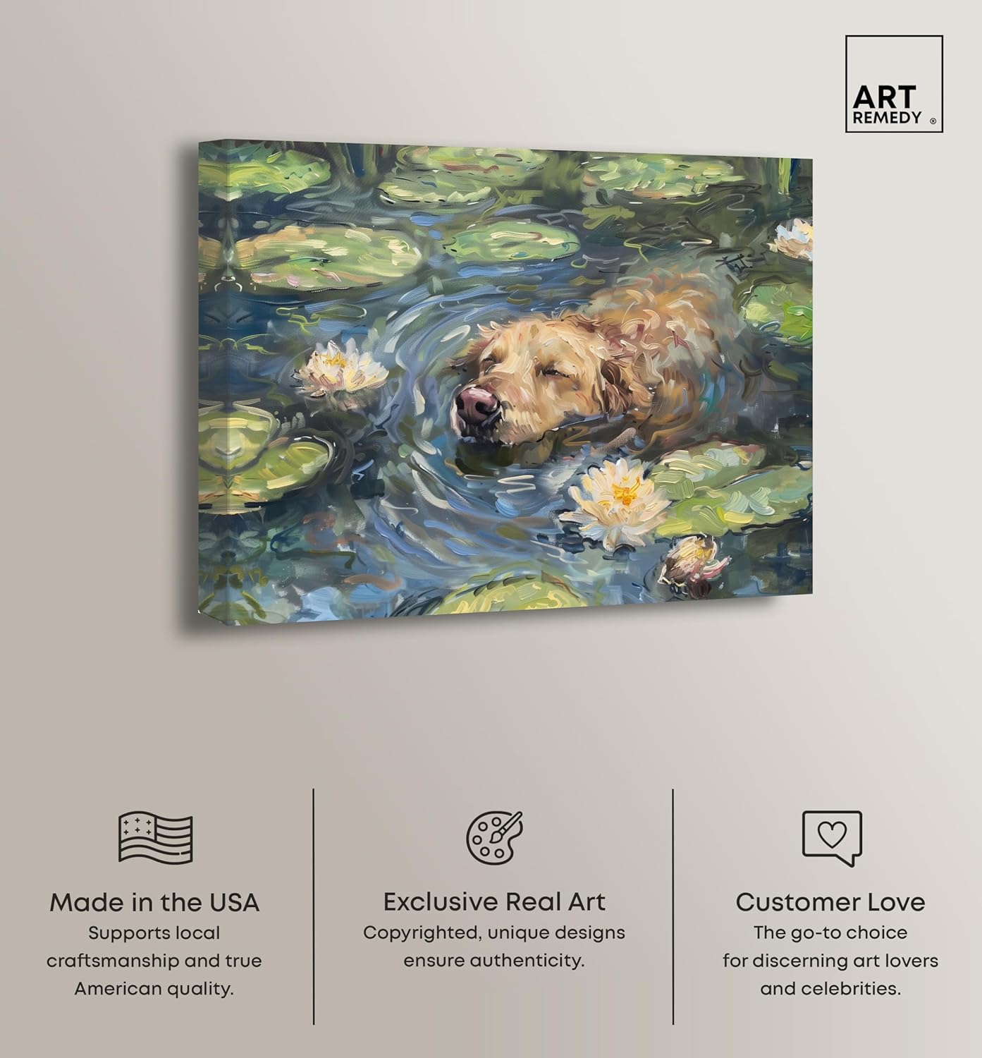 Monet Water Lilies Dog Rustic Chic Farmhouse Canvas Wall Art by Art Remedy, Gallery Wrapped, 20"x16"
