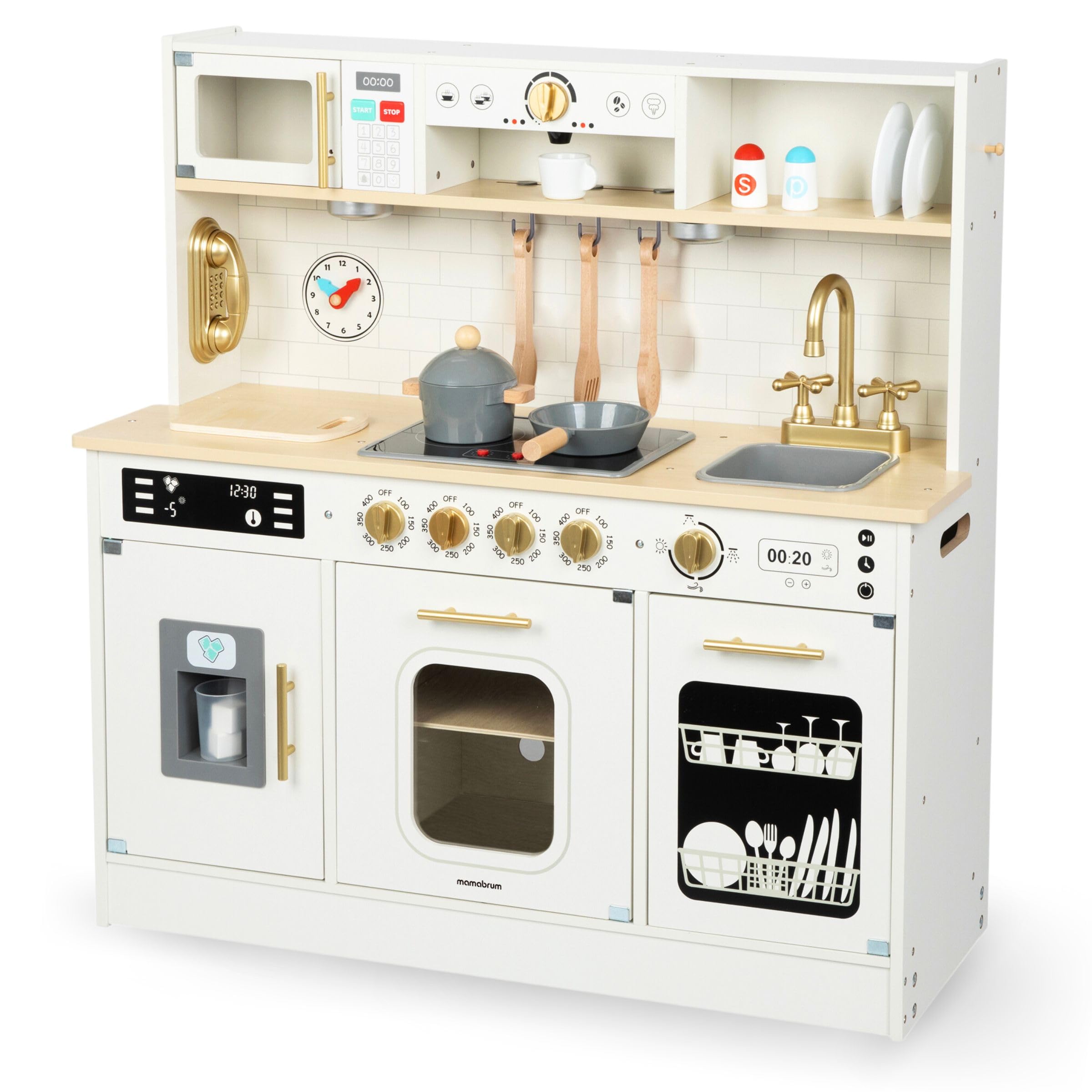 Mamabrum Cocina de Juguete para Niños de Madera con Luces LED - Juguetes Cocina Niños Interactiva con Altura Ajustable - Incluye Microondas, Lavavajillas y Accesorios - 104cm