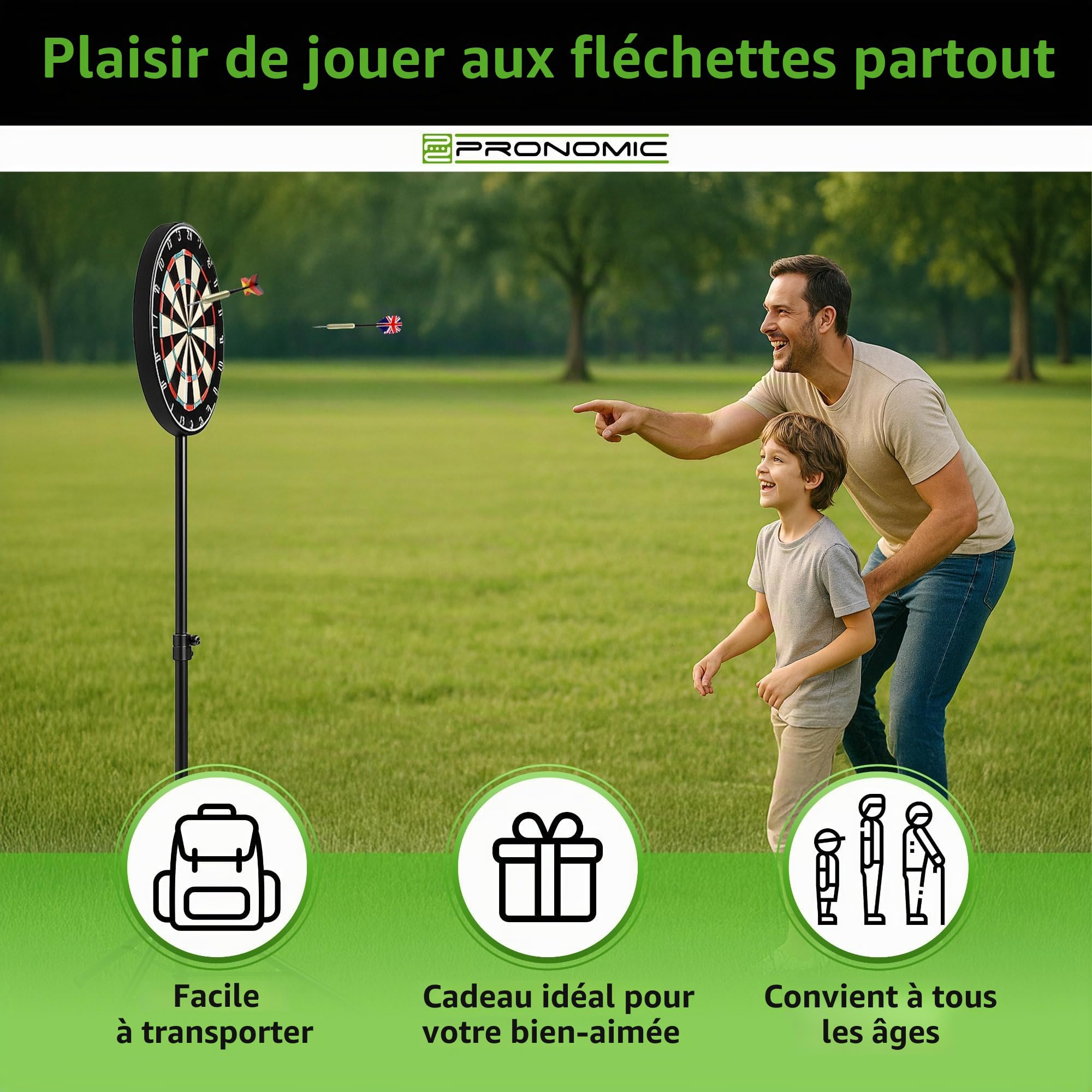 Pronomic DA-45S Support pour cible de fléchettes (support de cible, support de fléchettes en acier revêtu par pulvérisation, hauteur réglable en continu, sac)