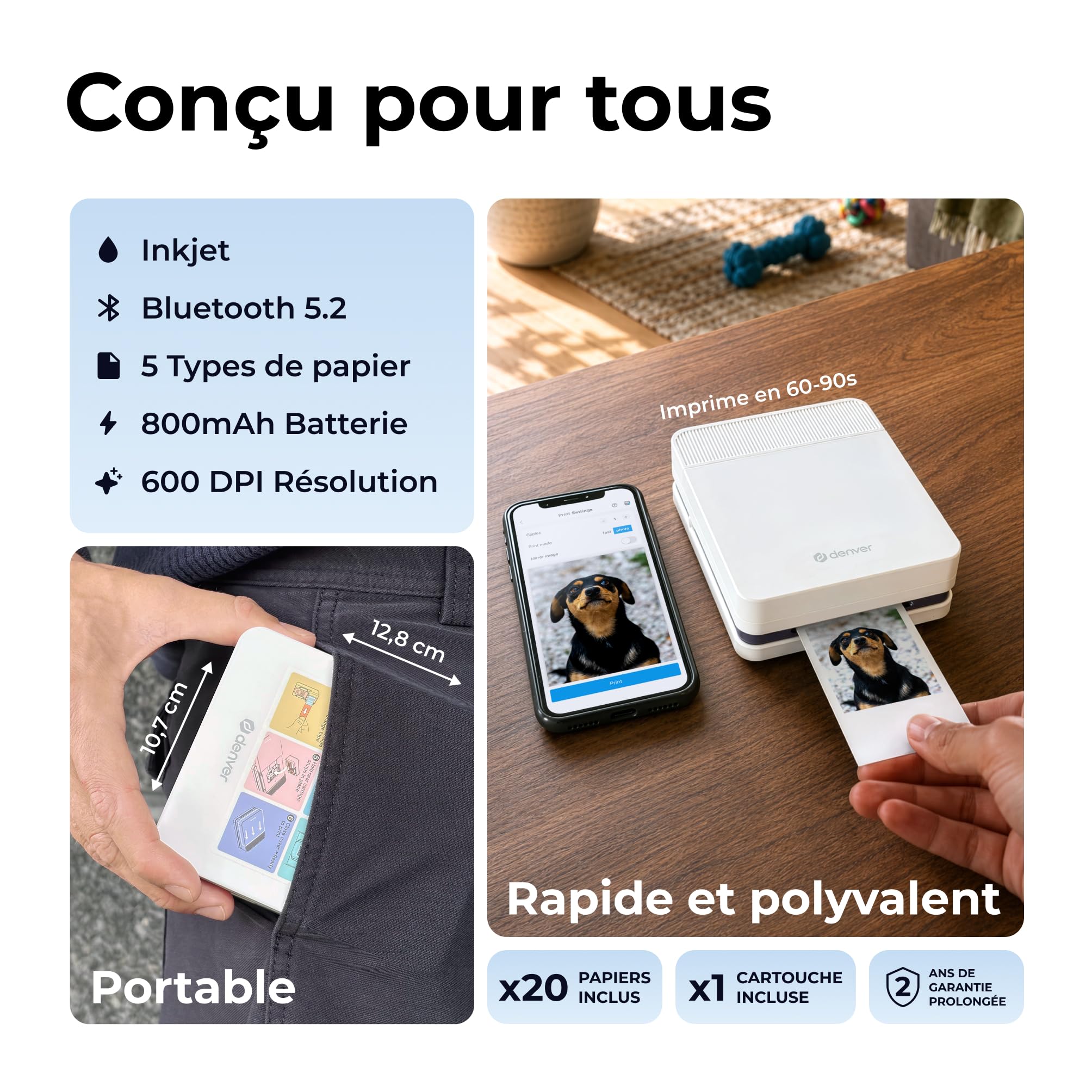 Denver MCP-6010 Mini imprimante photo pour smartphone, imprimante couleur mobile avec Bluetooth 5.2, 600 DPI, iOS et Android, imprimante photo portable avec batterie, incl. cartouche et lot de 20