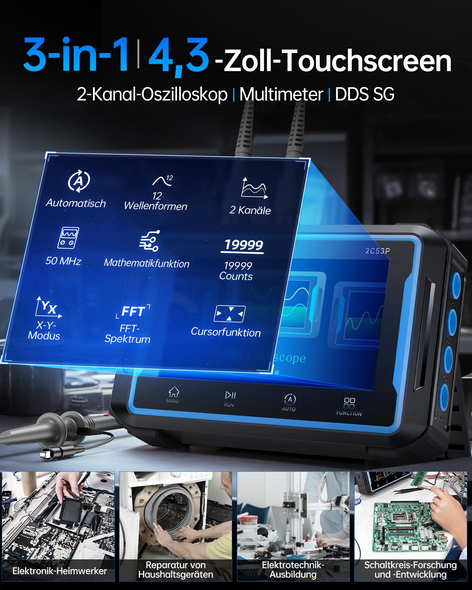 FNIRSI 2C53P Handheld Tablet Oszilloskop, Multimeter, DDS-Signalgenerator 3IN1, 2-Kanal Automobil Oszilloskop Multimeter mit 50MHz Bandbreite, 19999 Zählungen, 250MS/s Abtastung, 4,3-Zoll-Touchscreen