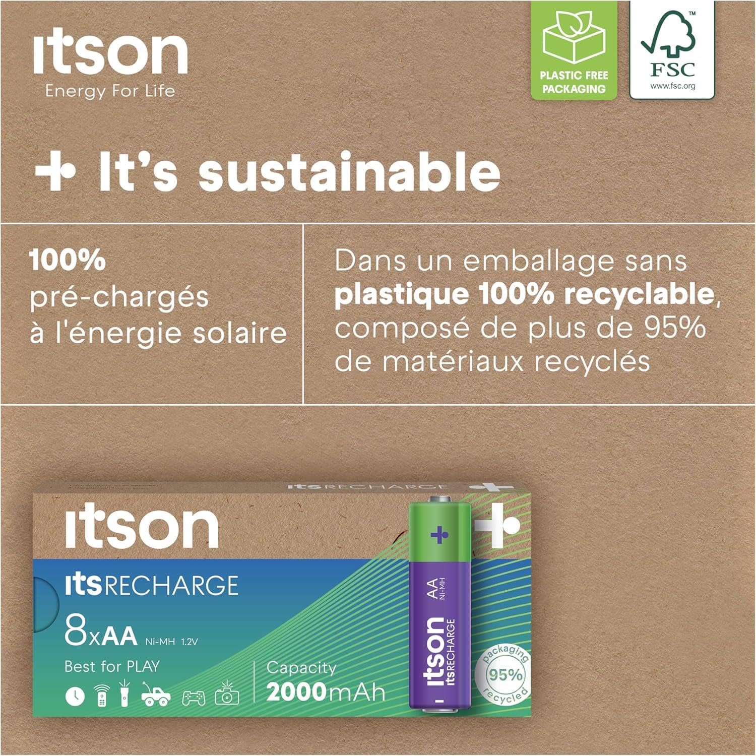 ITSON Lot de 4 x 8 Piles Rechargeables AA prêtes à l'emploi Pro NiMH, 2000 mAh. Idéales pour télécommandes, Torches, horloges