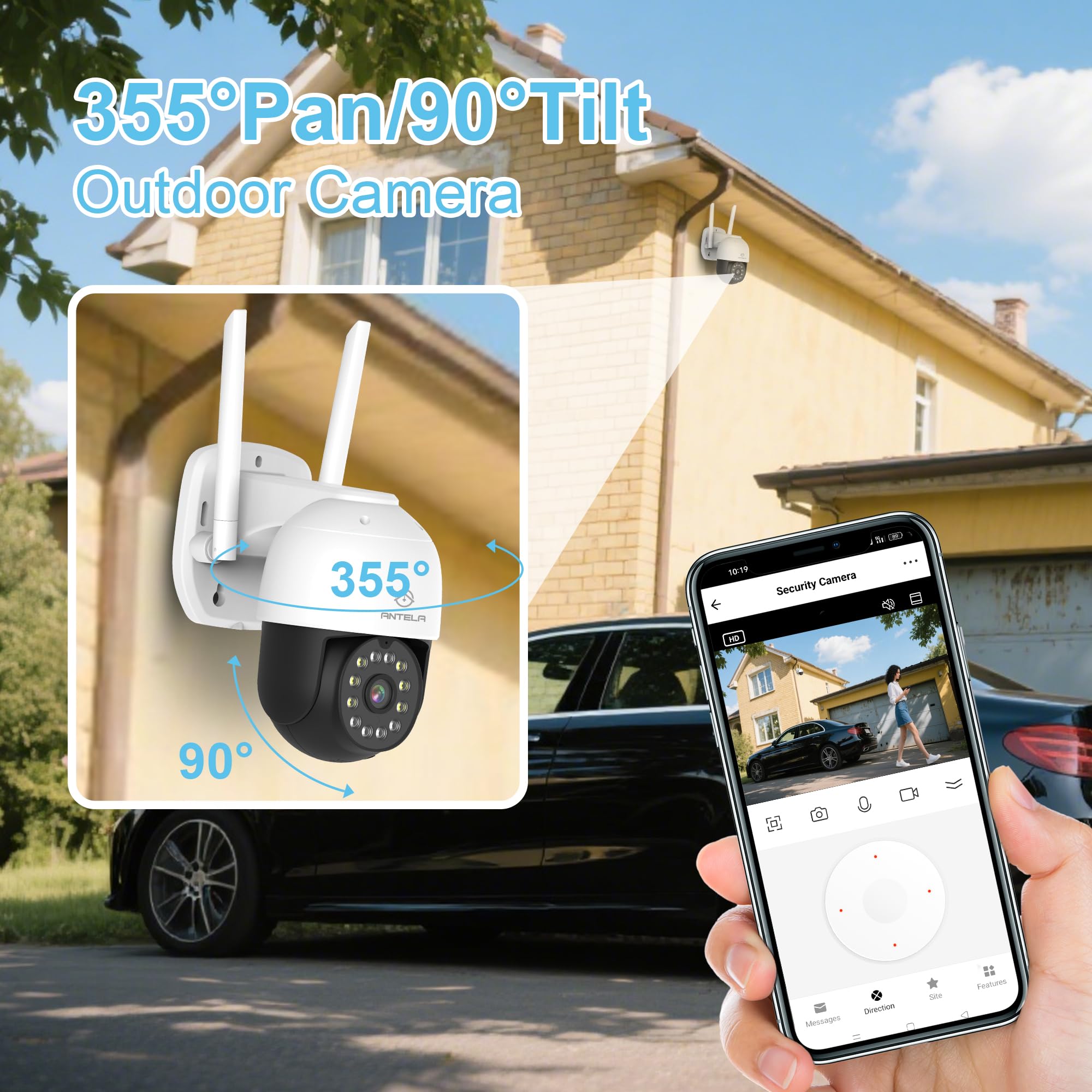 ANTELA Überwachungskamera Außen 4MP PTZ WLAN IP Kamera Outdoor, IP65 wasserdicht, Farbige/IR/Smart Nachtsicht mit Flutlicht 50m, 2-Wege-Audio, Bewegungserkennung, Alarmmeldung, 2,4GHz | Farb-/IR-Nachtsicht, kompatibel mit Alexa und Google Home, Bewegungss