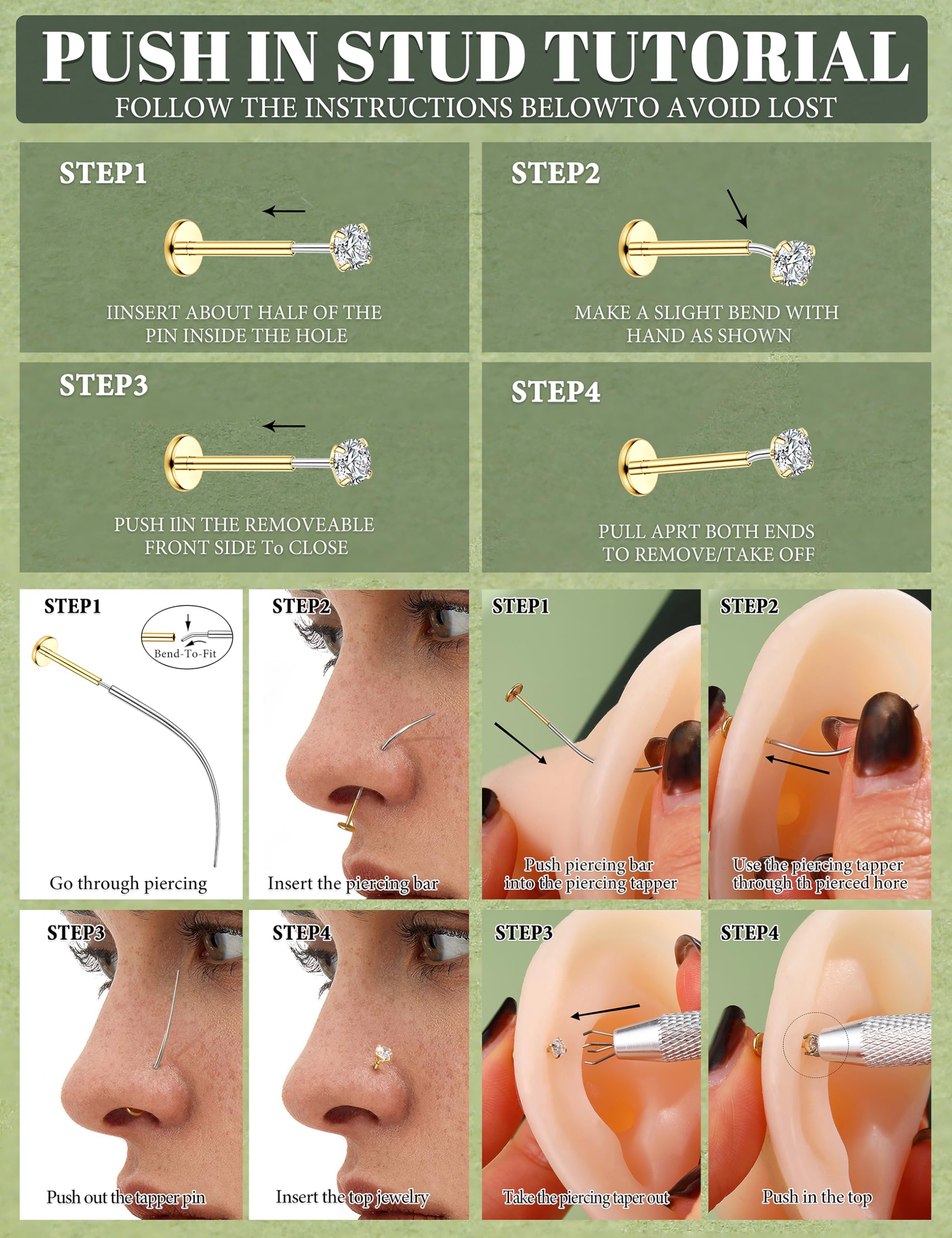 CASSIECA 12Pcs Piercing Labret Acero Quirurgico Piercing Nariz Piercing Oreja para Mujer Hombre Piercing Tragus Helix Labio con Circonita Cúbica Cartílago Monroe Piercing Joyería 20G/18G/16G
