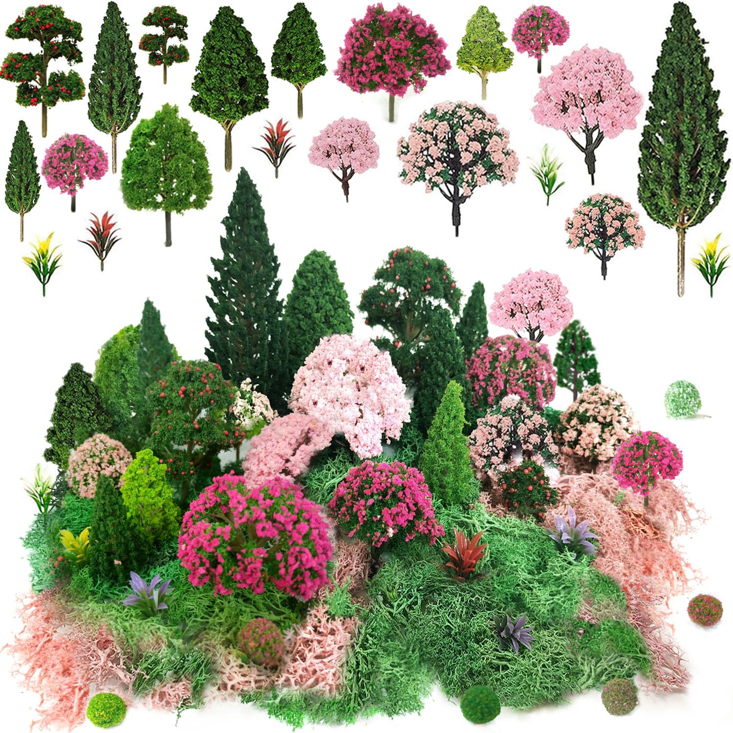 QuarenDen Mixed Model Trees, Model Train Scenery, 37Pcs, Miniature Trees with Moss for Building Model, Natural Green Landscape, Railroad Scenery