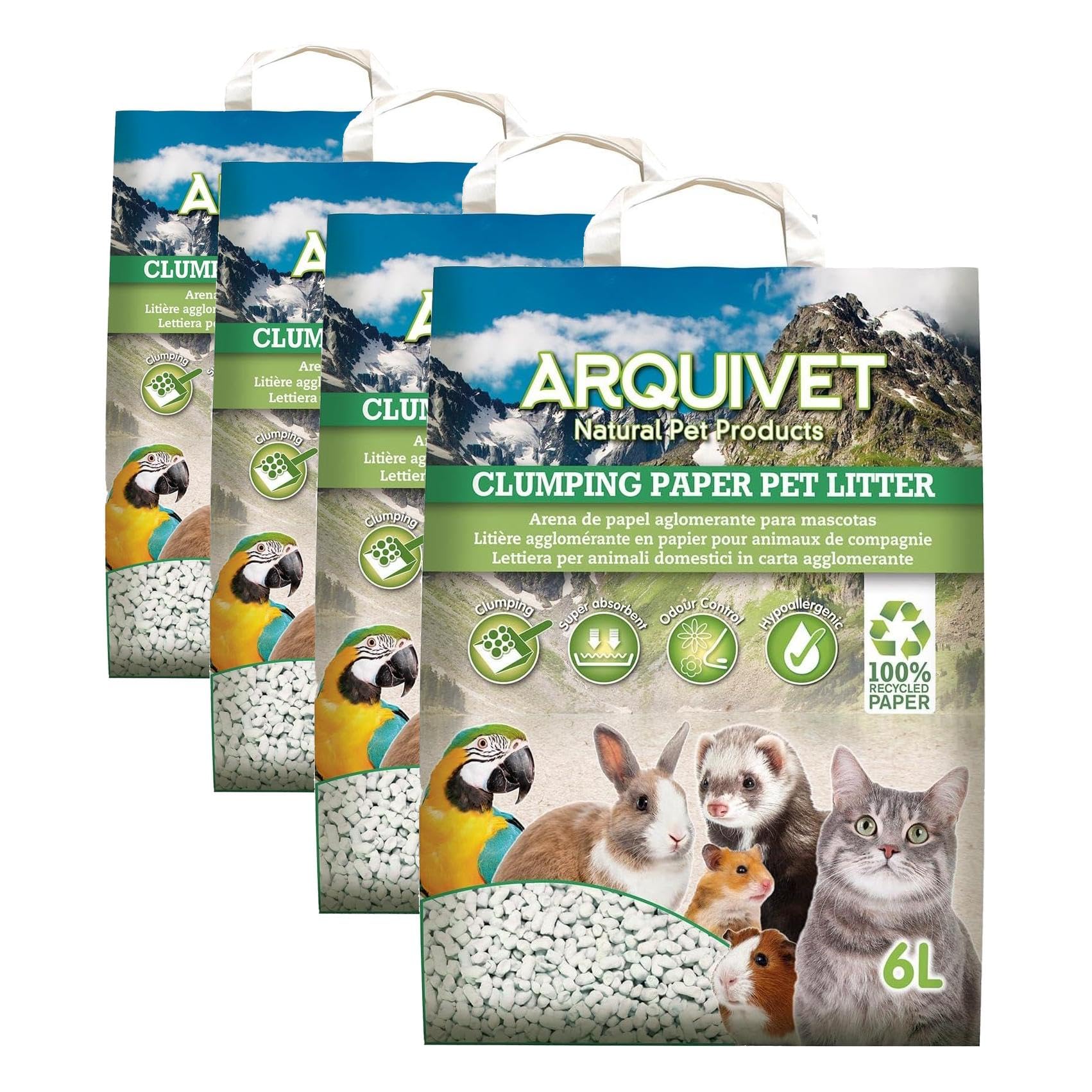 Arquivet Lettiera per gatti in carta riciclata da 6 litri, Agglomerante e assorbente (Confezione da 4)