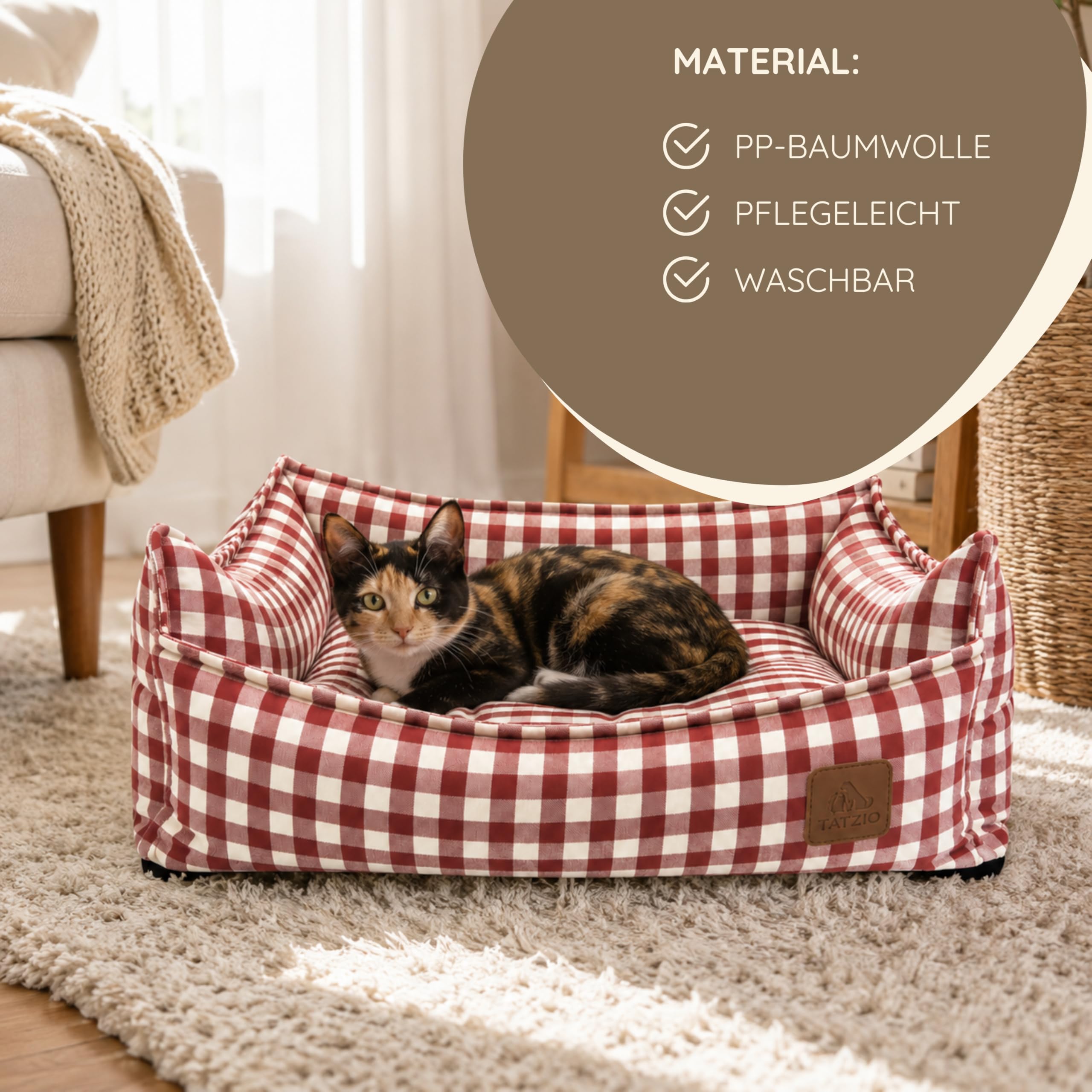 Haustierbett für Katzen & kleine Hunde, Kariertes Katzenbett mit waschbarem Bezug & herausnehmbarem Kissen, formstabiles Hundebett & Katzenkorb, 60 x 50 x 20 cm rot