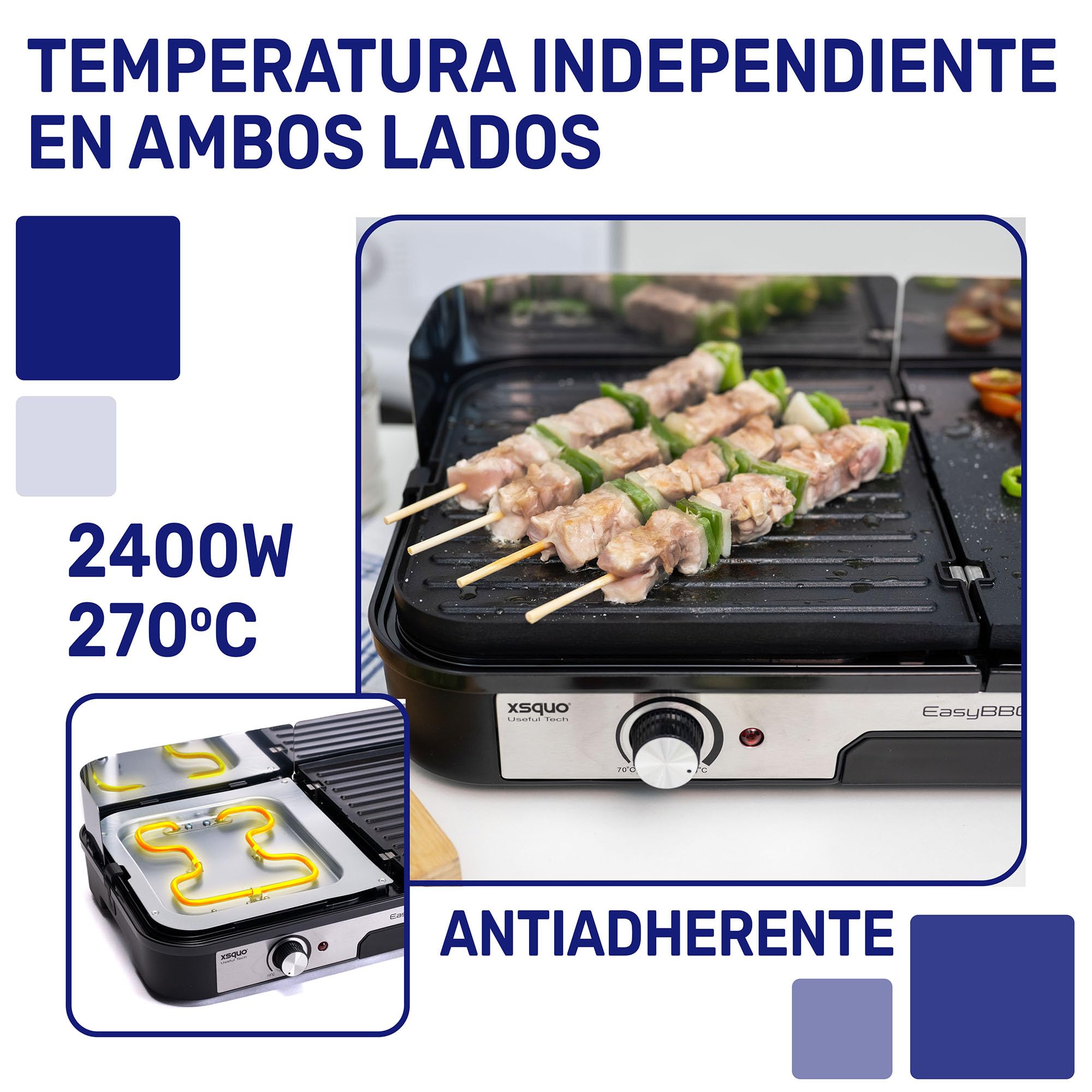 Plancha de asar eléctrica 2400W Teppanyaki - Antiadherente - Superficie mixta con plancha y grill - Gran superficie de cocinado - Dos termostatos independientes con hasta 270º