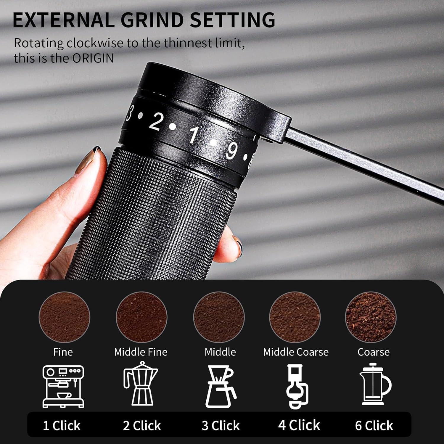 Image showing a hand adjusting the external grind setting dial on the Bincoo coffee grinder