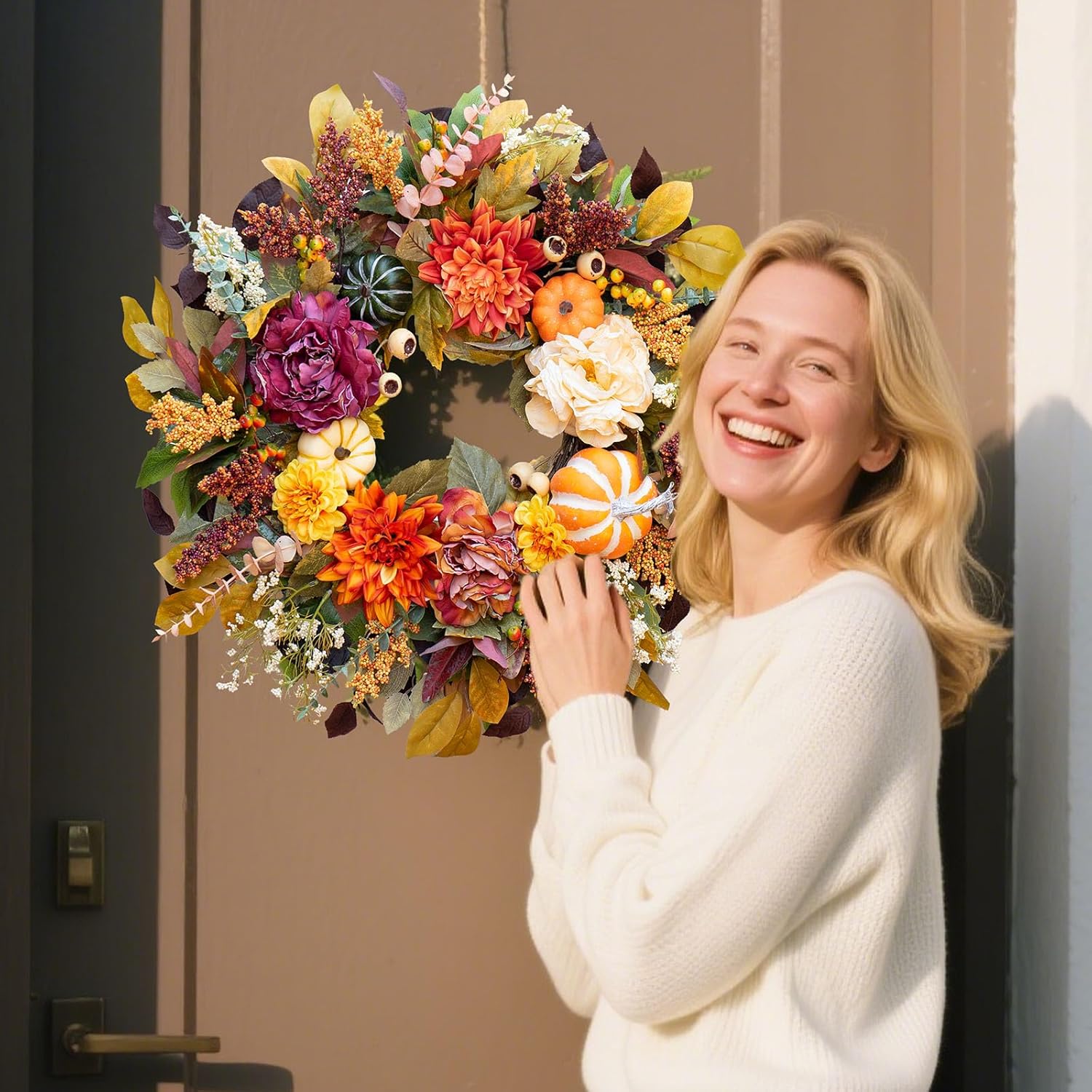 Fall Wreaths for Front Door 24 Inch Beautiful Fall Wreath with Pumpkins, Artificial Flowers & Leaves Harvest and Thanksgiving Pumpkin Fall Door Wreath for Indoor & Outdoor Autumn Decor