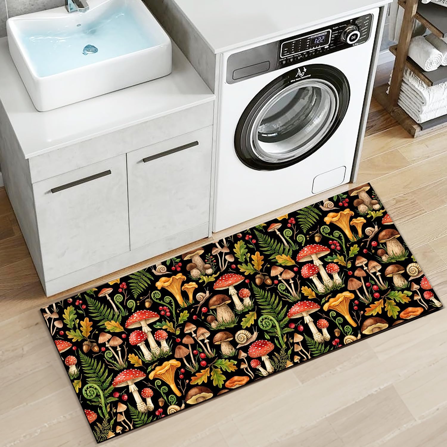 Mushroom Laundry Room Mat, Dark Botanical Non-Slip Washable Runner | Laundry Room sign on buffalo plaid; non-slip base; machine washable farmhouse runner mat