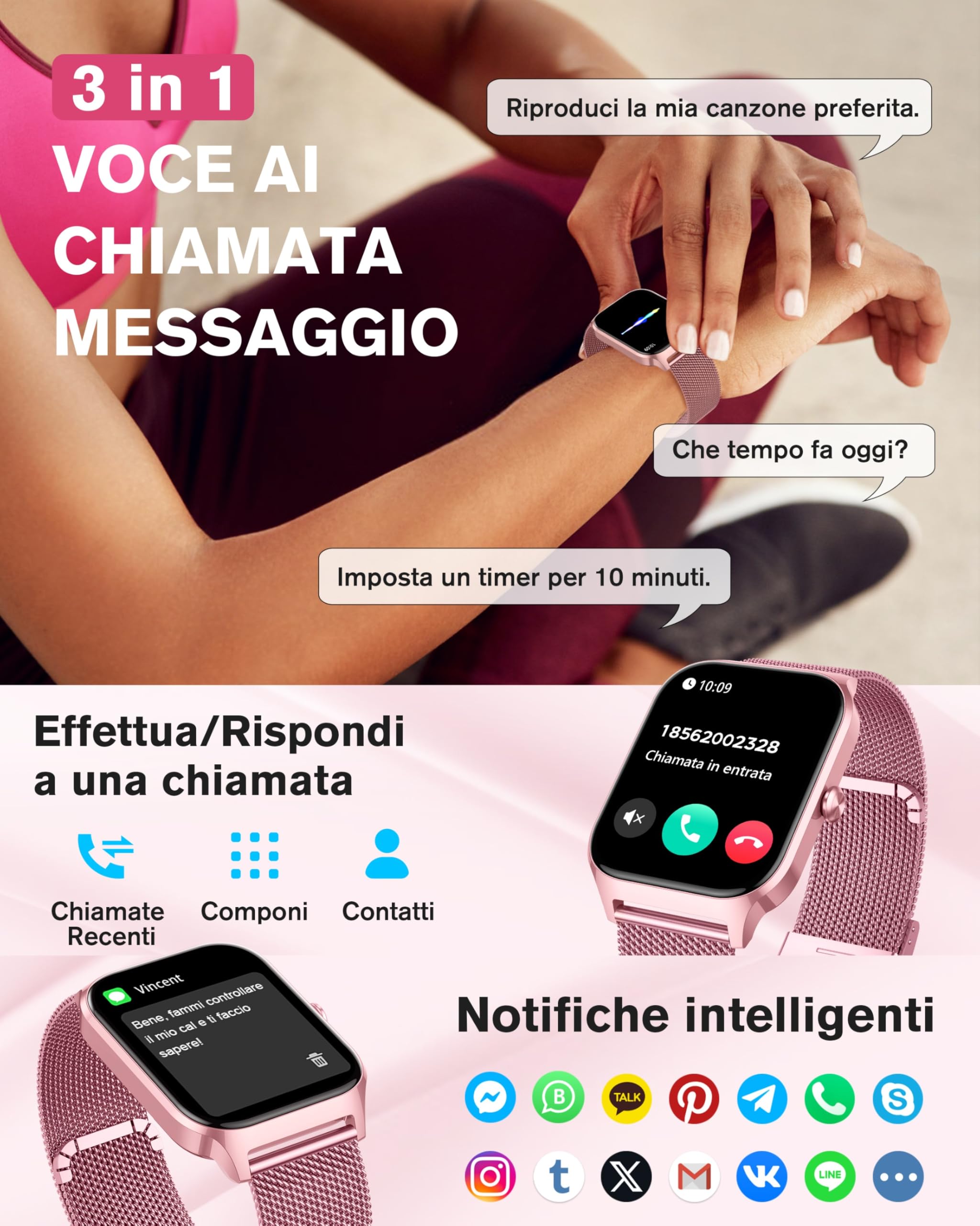 KALINCO Smartwatch Uomo Donna, 1.85” IA Orologio Pressione Sanguigna, Chiamata Bluetooth, SpO2, Frequenza cardiaca, Stress, Sonno, Orologio Mondiale, 100+ Sports Watch, Regalo Android iOS