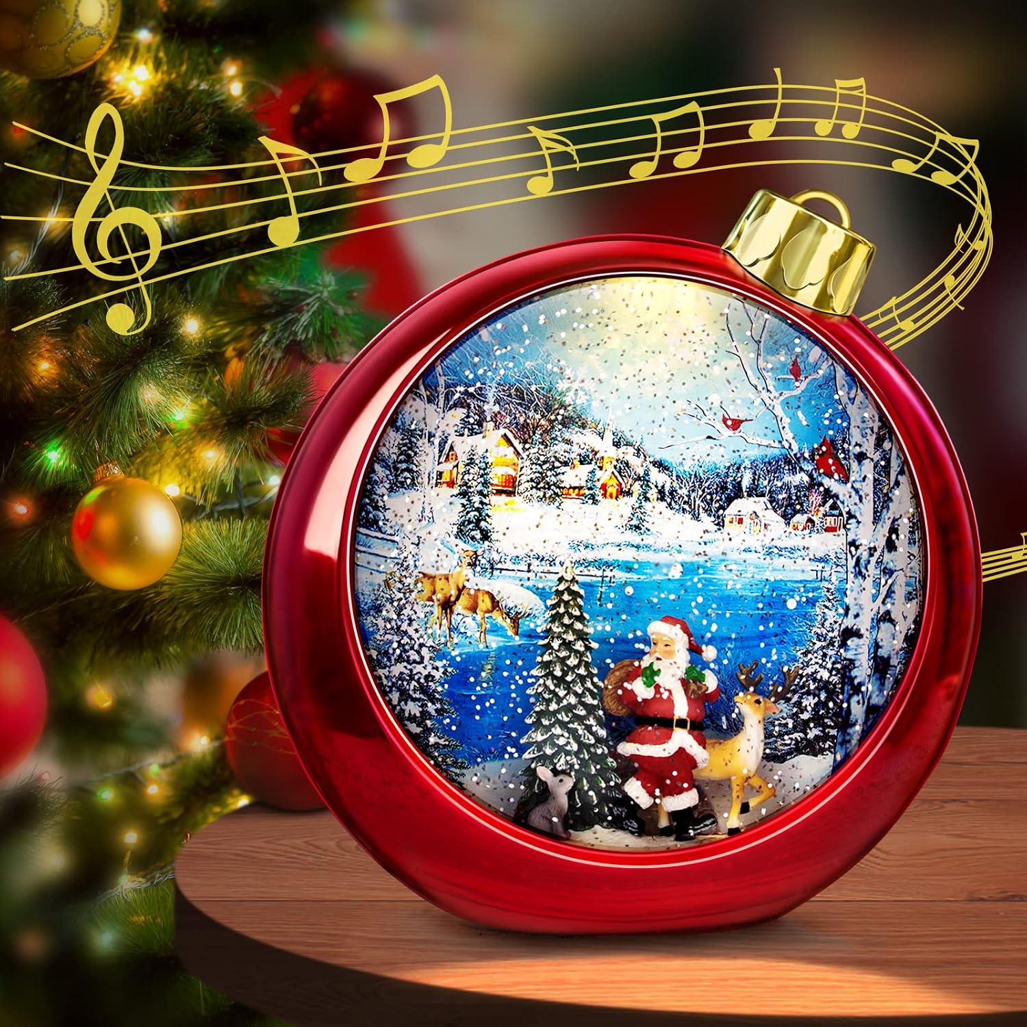Christmas Snow Globes,Large Size 6H Timer Glitter Snow Snow Globes Christmas with Music Box 8 Songs,Round Lantern with Xmas Tree Snowman Decorations, Lighted Up Red Snowglobe with Santa Claus Elk