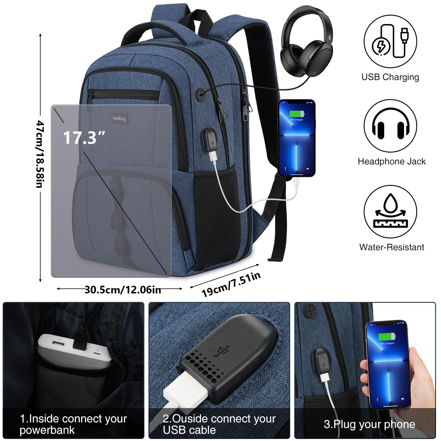 kadilong Zaino per computer portatile da 17,3 pollici da uomo, antifurto, robusto, per ragazzi, adolescenti, studenti, liceo, università, zaino per computer, caricatore USB Mochila