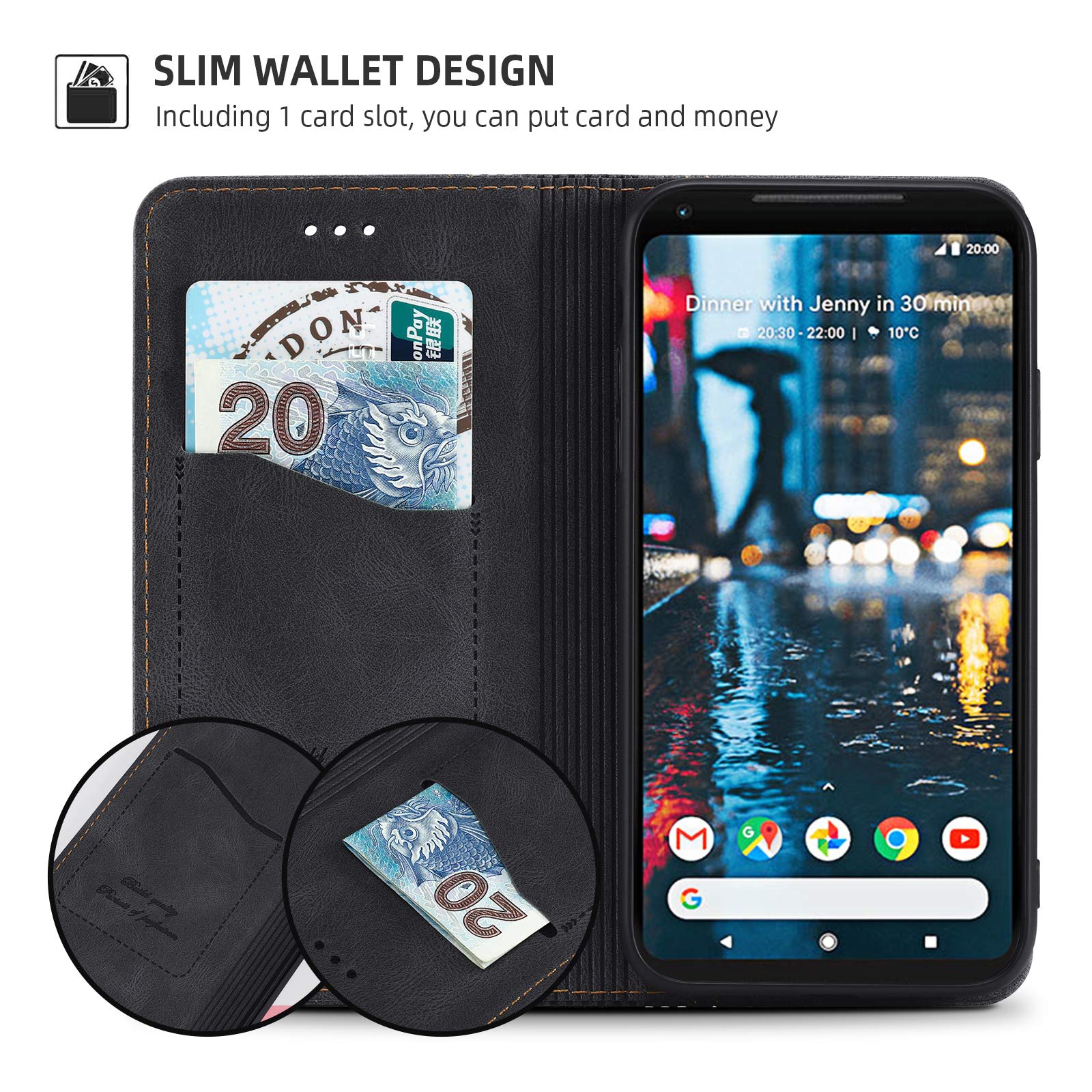 Cover In Pelle Artificiale Per Google Pixel 2 XL - Flip-Case Nero Con 2 Pellicole Protettive - 2