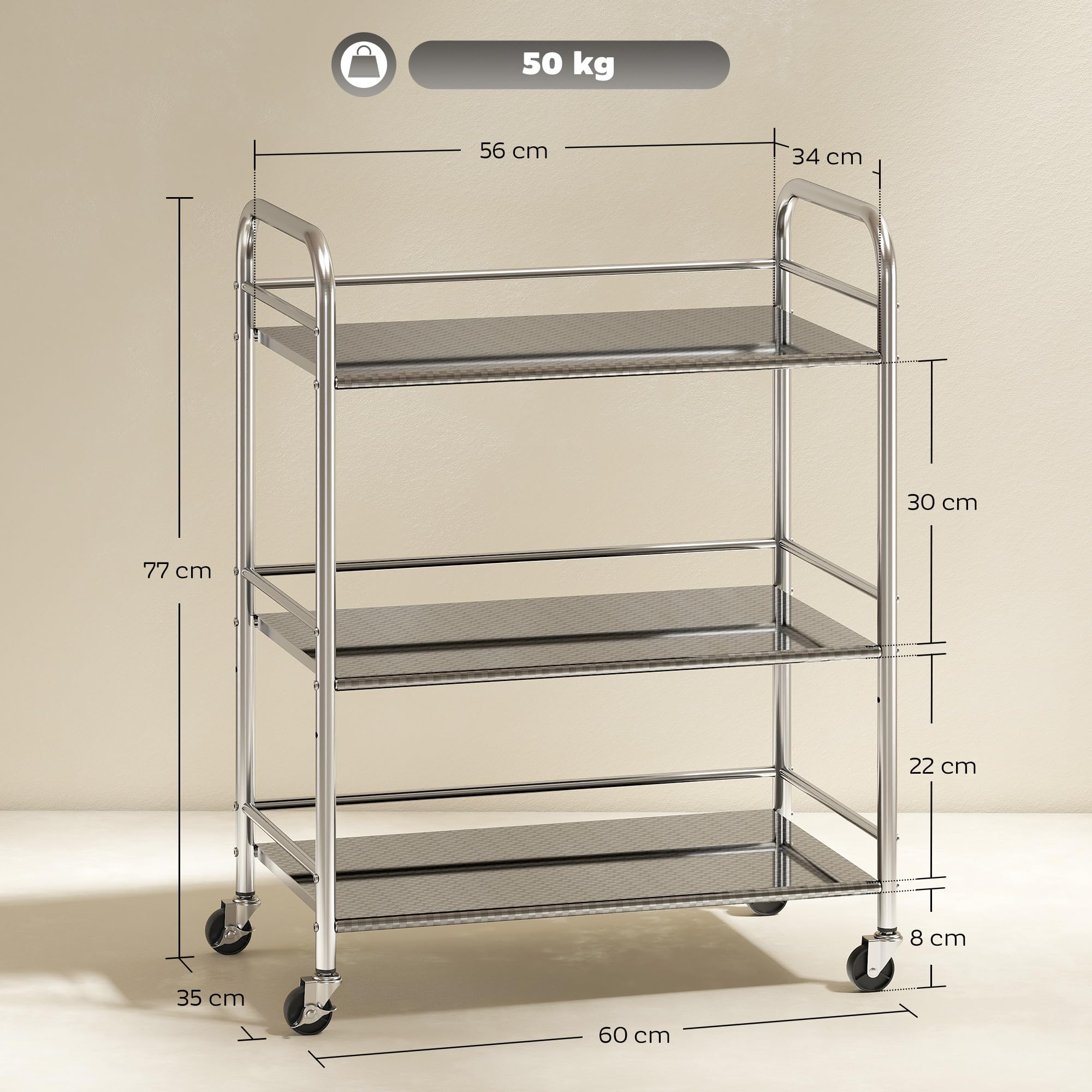 HOMCOM Carrito Auxiliar con Ruedas de Acero Inoxidable, Carro de Servicio de 3 Niveles con Estante Ajustable, 4 Ruedas, Carrito para Cocina, Restaurante, 60x35x77 cm, Plata