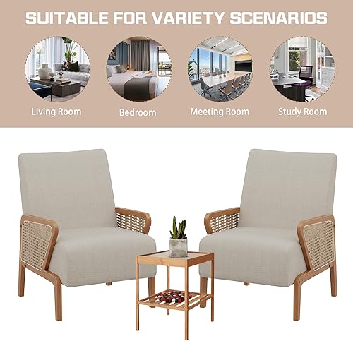 Miniatura 18 de Alunaune Juego de 2 sillas decorativas marrones tapizadas para sala de estar, sillón de ratán natural, moderna de piel sintética, silla de club,