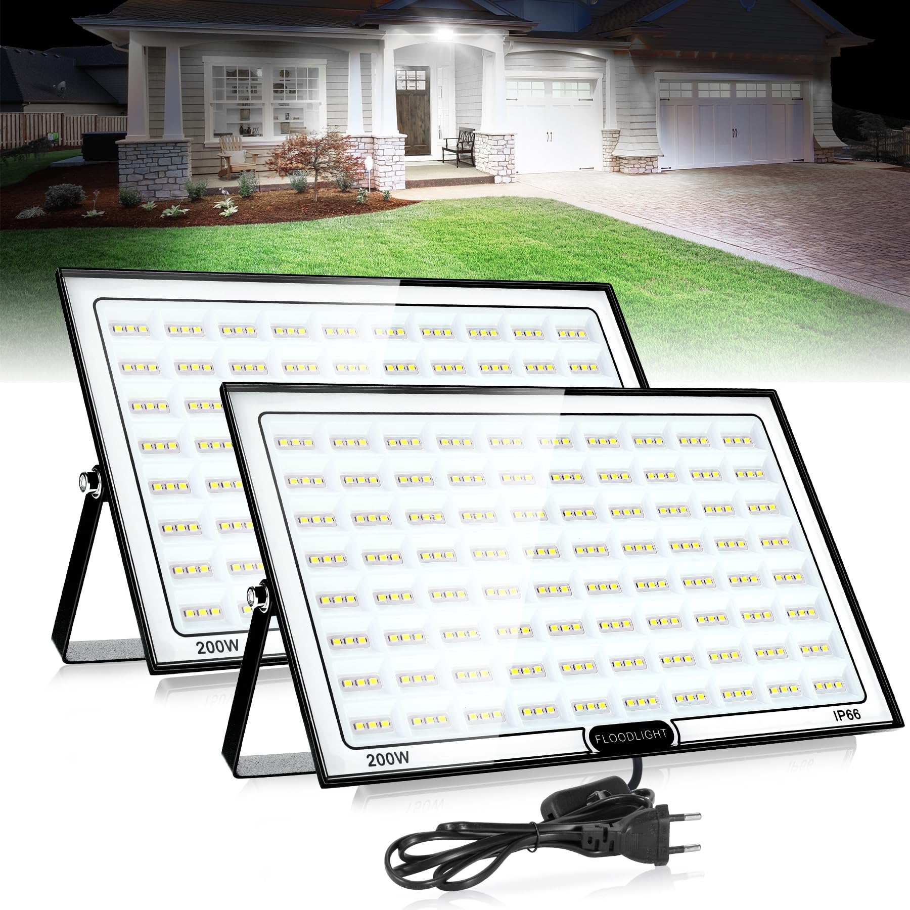 VAYALT 200 W Faretto LED per esterni, 2 pezzi, IP66, impermeabile e super luminoso, 6500 – 7000 K, 20000 lm, 230 V, faretto a LED con spina, faretto per giardino, garage, campo sportivo, cortile