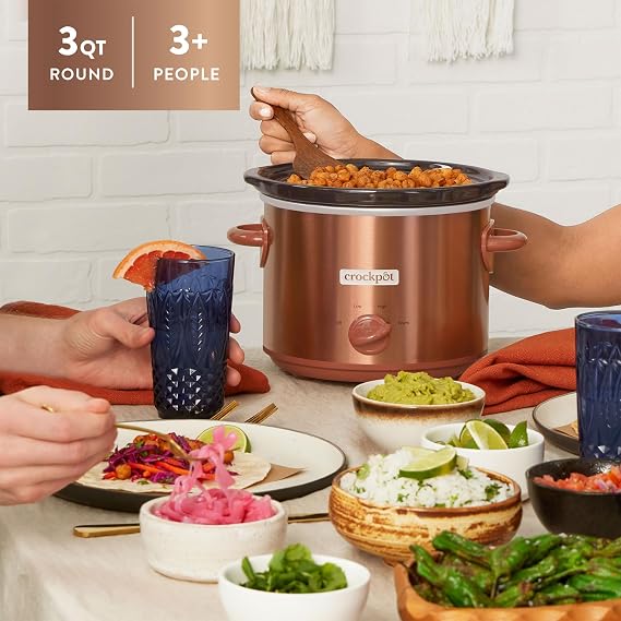 Crock-Pot 3 Quarts Manual Design Series Slow Cooker with 3 Manual Heat Settings Cooks Meals for 3 Plus People with Removable Stoneware Bowl, Copper