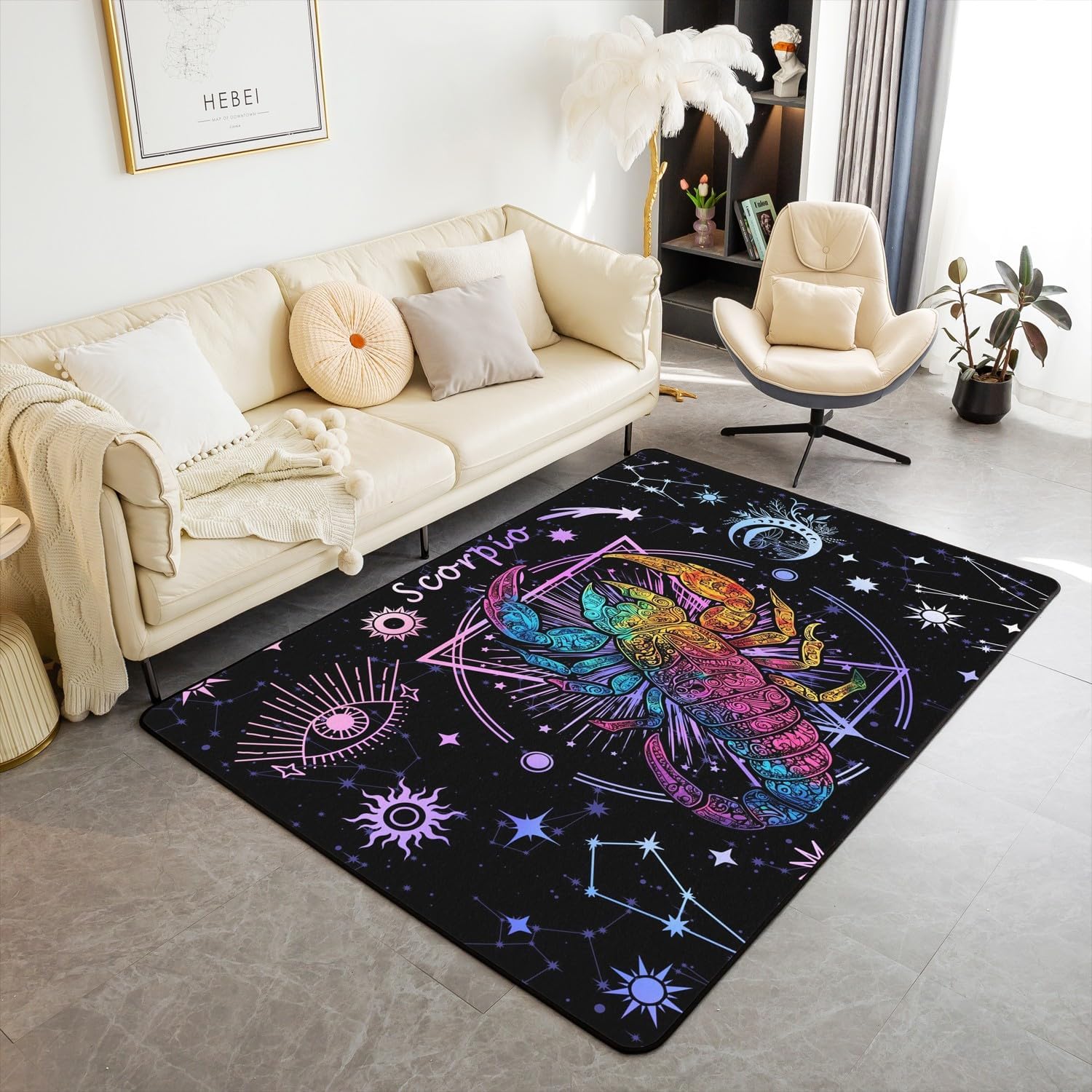 Manfei Aries Area Rug Trippy Astrology Sun Moon Star Floor Mats, 12 Constellations Zodiac Decorative Rug for Living Room, Kids Boys Girls Room Decor, Absorbent Carpets, 6'6" x 4'11" (Rectangular)