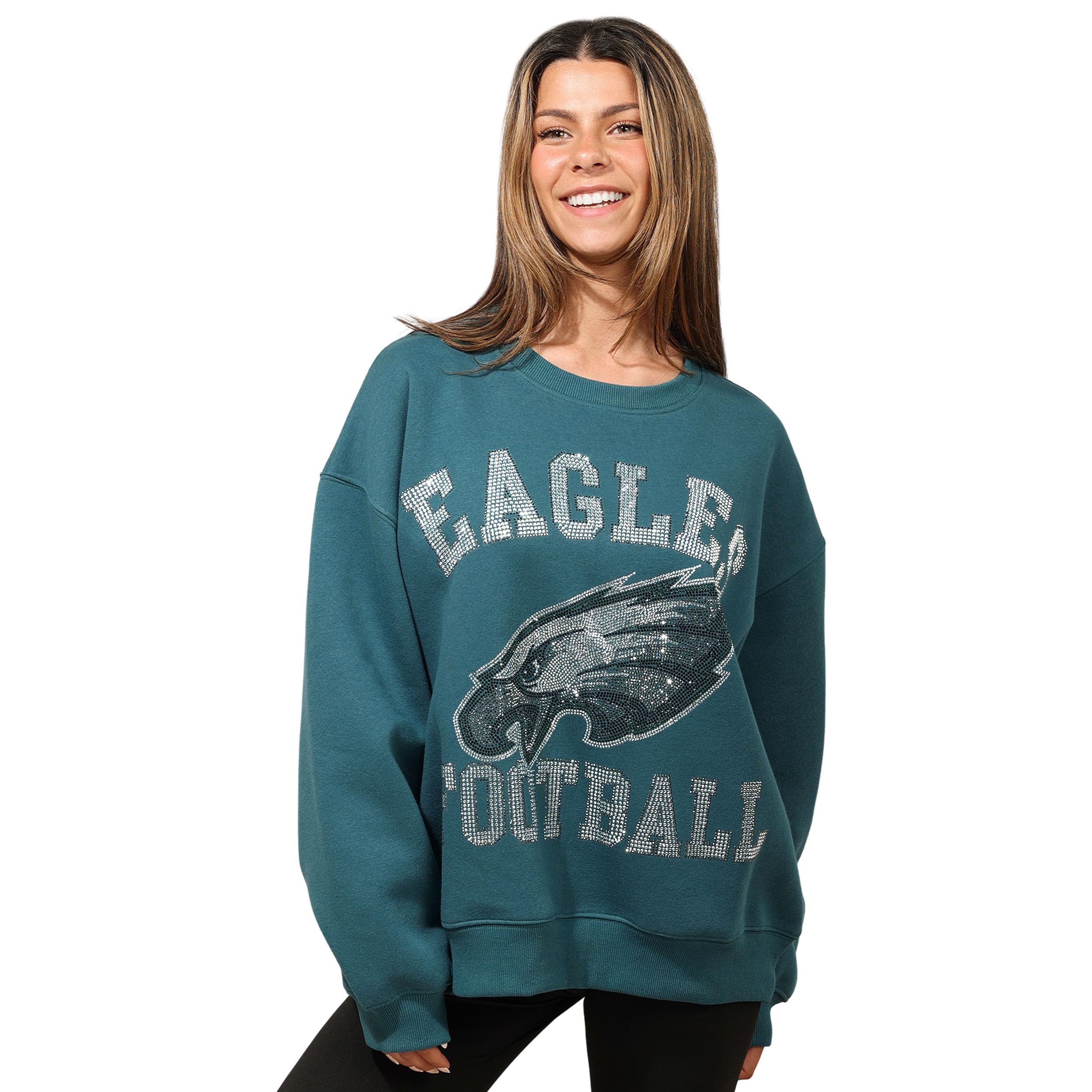 Foco Women's Team Color Nfl Rhinestone Team Logo Oversized Crew Neck Sweatshirt