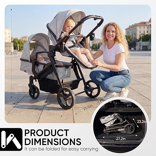 Miniatura 7 de Cochecito doble para bebés gemelos y niños pequeños, tándem plegable, cochecito convertible individual a individual, peso ligero compacto, edades de