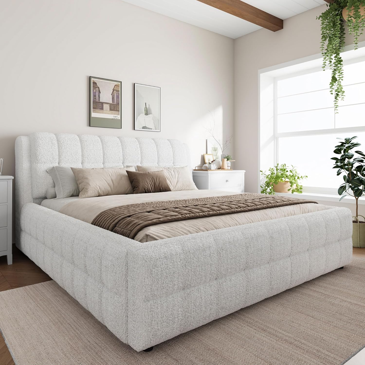 SOFTSEA King Size Upholstered Floor Bed Frame, Fleece Fabric Grounded Bed Platform Bed with Thick Headboard for Modern Bedrooms, No Box Spring Needed, Easy Assembly, White