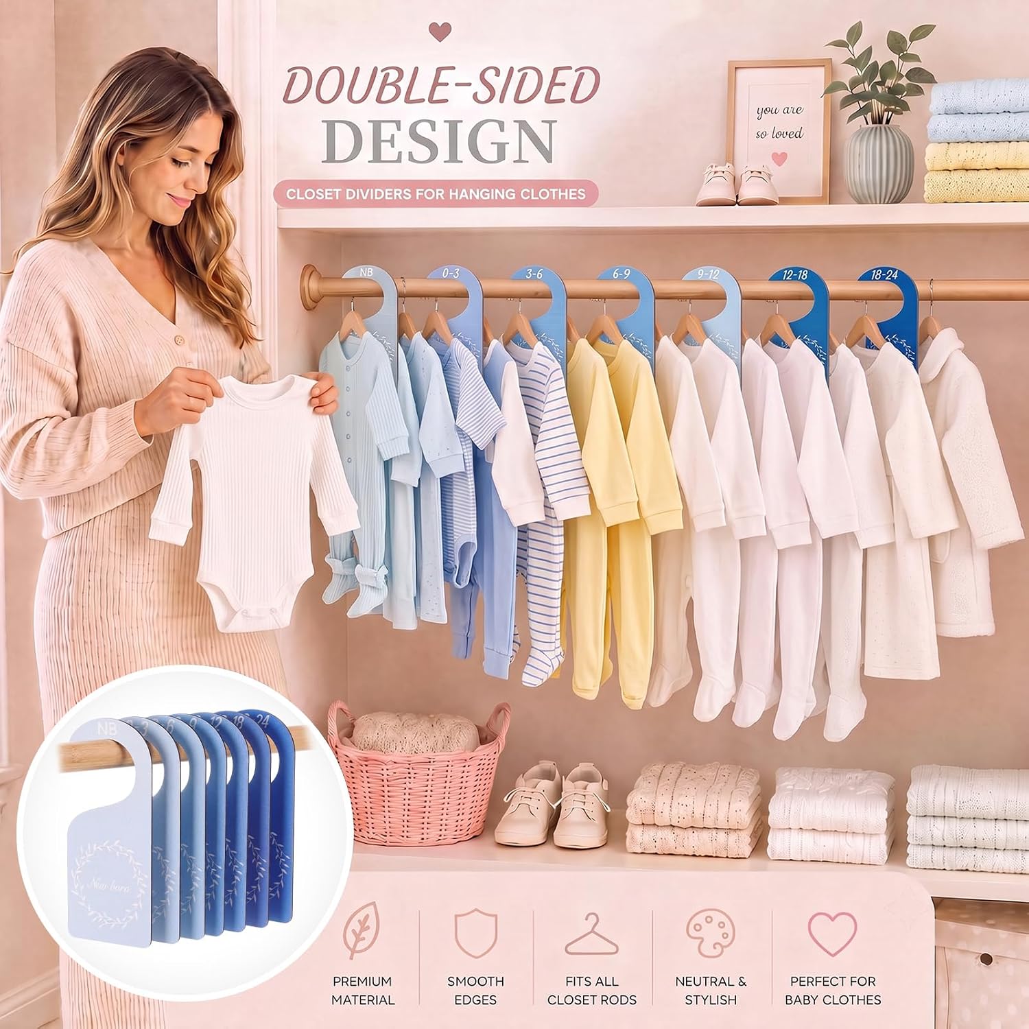 Patelai 7 Pieces Wooden Baby Closet Dividers Double Sided, Blue Gradient | Baby Clothes Dividers for Closet Wooden Hanging Double-sided Size from Newborn Infant to 24 Months for Home Nursery Boy Girl