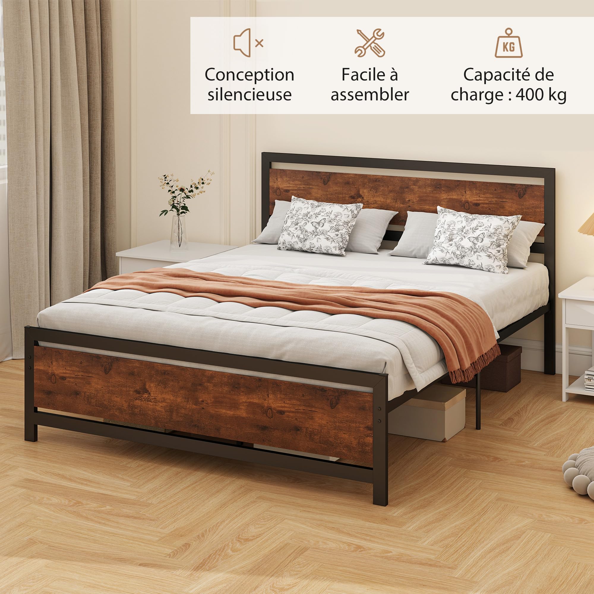 HOMCOM Bedframe 160 x 200 cm, tweepersoonsbed met lattenbodem van massief hout en voet, 26 cm hoog met opbergruimte eronder, geen boxspringbed nodig, eenvoudige montage, zwart