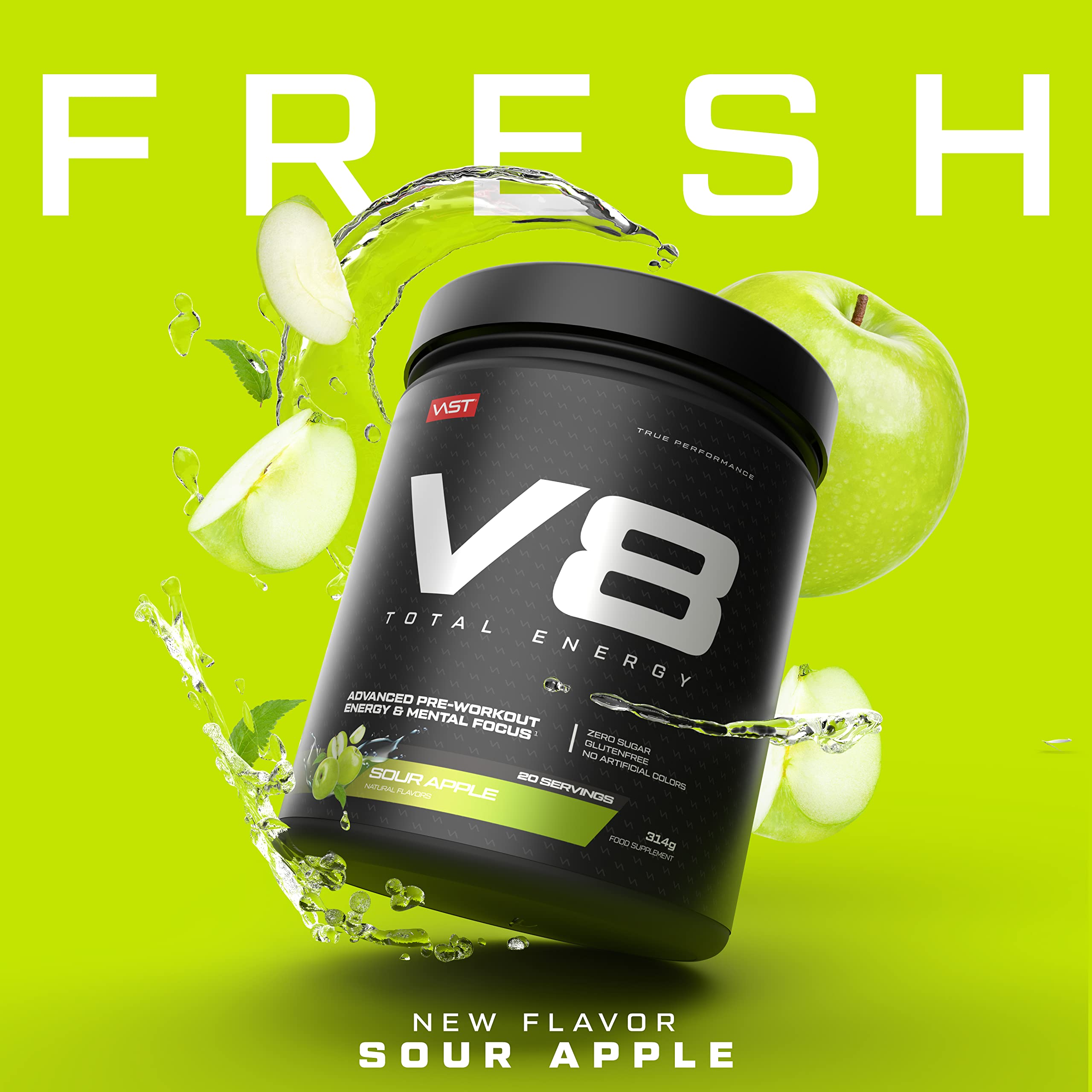 V8 Total Energy – Pre Workout Booster – Trainingsbooster – CarnoSyn®, BetaPower®, natürliches Koffein – Vegan – Zuckerfrei – 20 Portionen – Made in Germany – Sour Apple