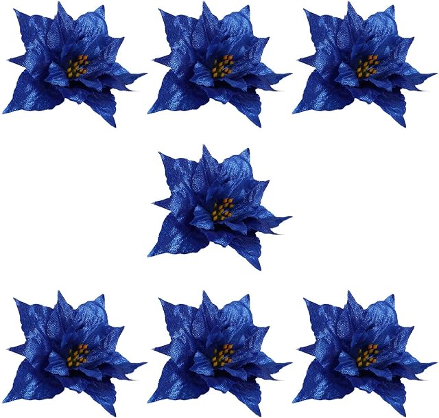 Artibetter 7pcs Glitter Poinsettia Christmas Tree Ornament Artificial Poinsettia Flower for DIY Crafts Wreath Making Christmas Tree Decoration (Blue)