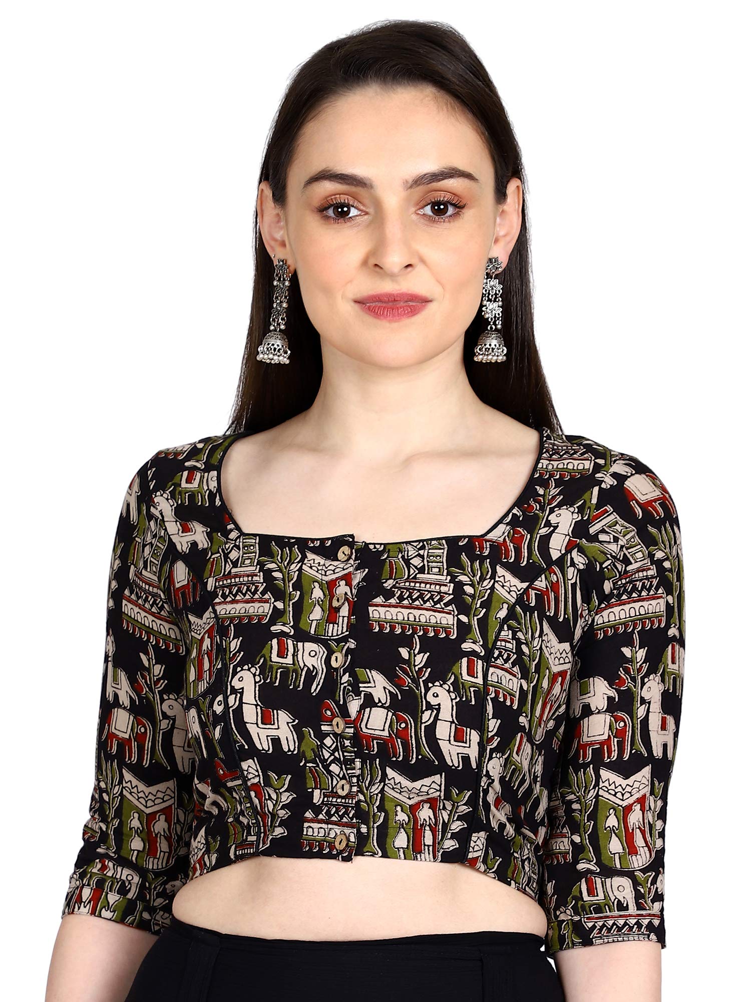 Black & White Kalamkari Hand Block Printed Cotton Casual Readymade Blouse-image-4