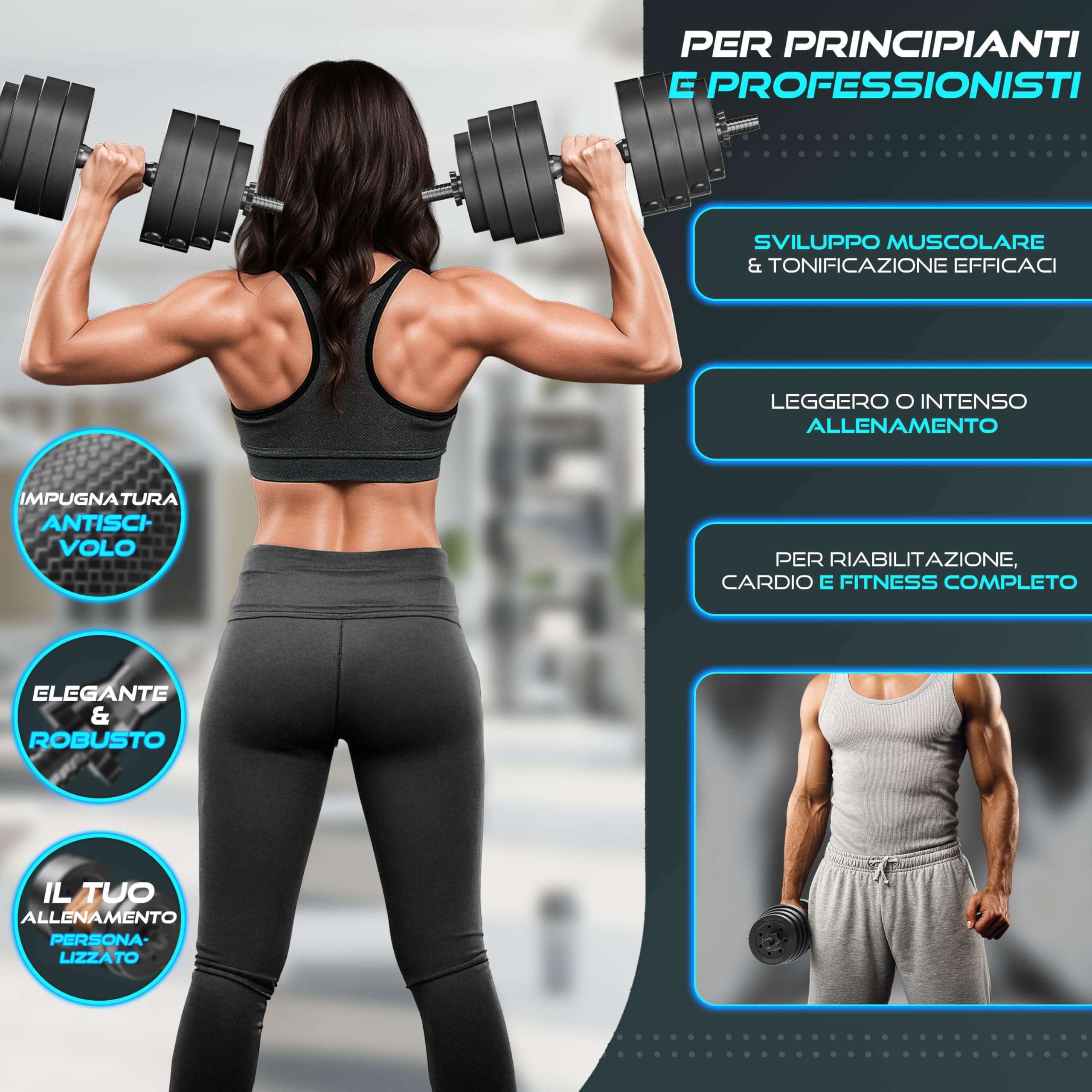RE:SPORT Set di 2 manubri regolabili 15/20/30/40 kg | Manubri con pesi e 4 chiusure a stella | Manubri fitness per costruzione muscolare, allenamento e casa