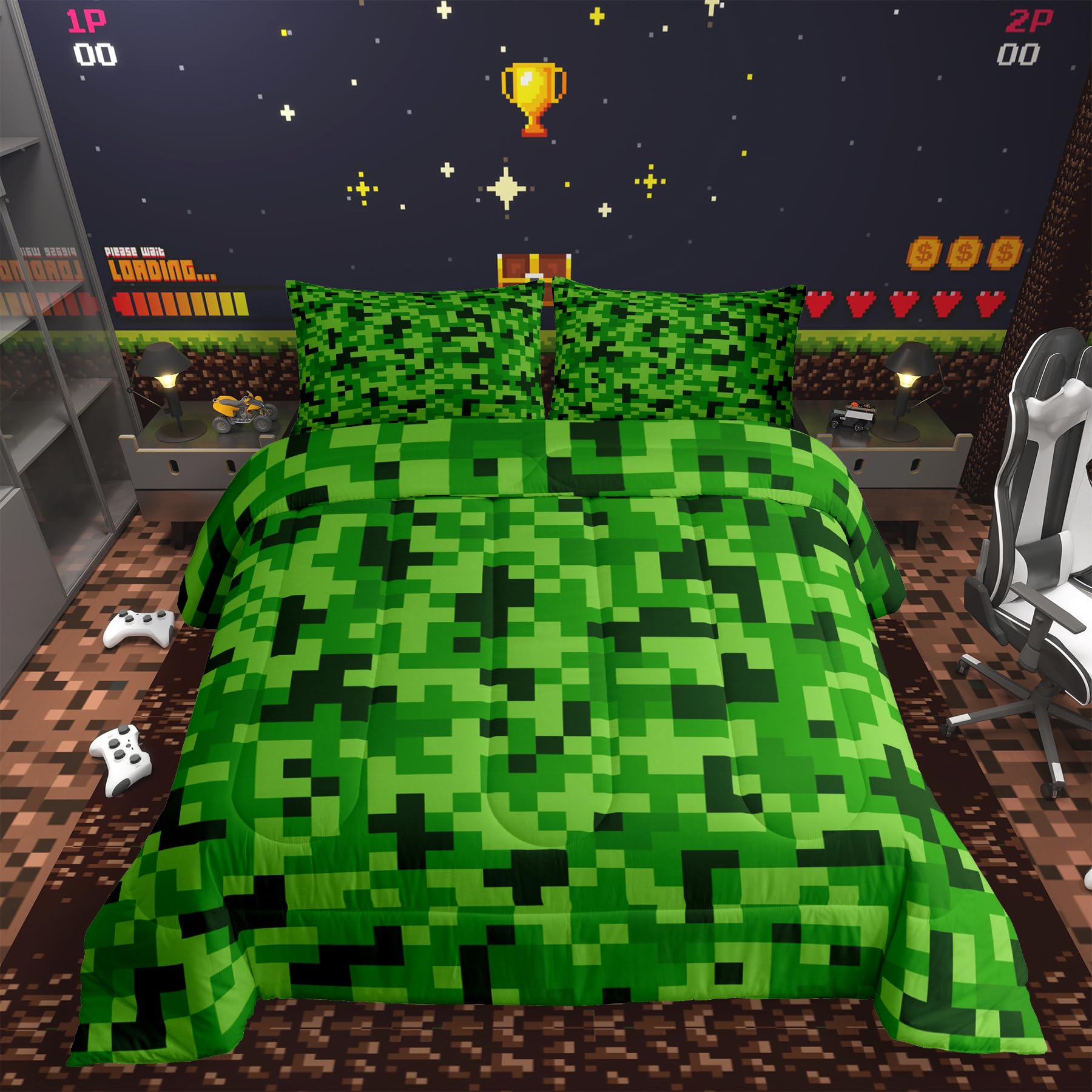 Castle Fairy Green Pixelated Gird Comforter Set Full Size,Video Games Bedding Set for Kids Boys Girls Teens Room Decor,Cartoon Gamepad Quilt Set
