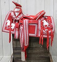 Vista 5 de Montura Silla Charra - Silla de montar con bordado rojo Charro Diseno Caballo de 15.5 pulgadas