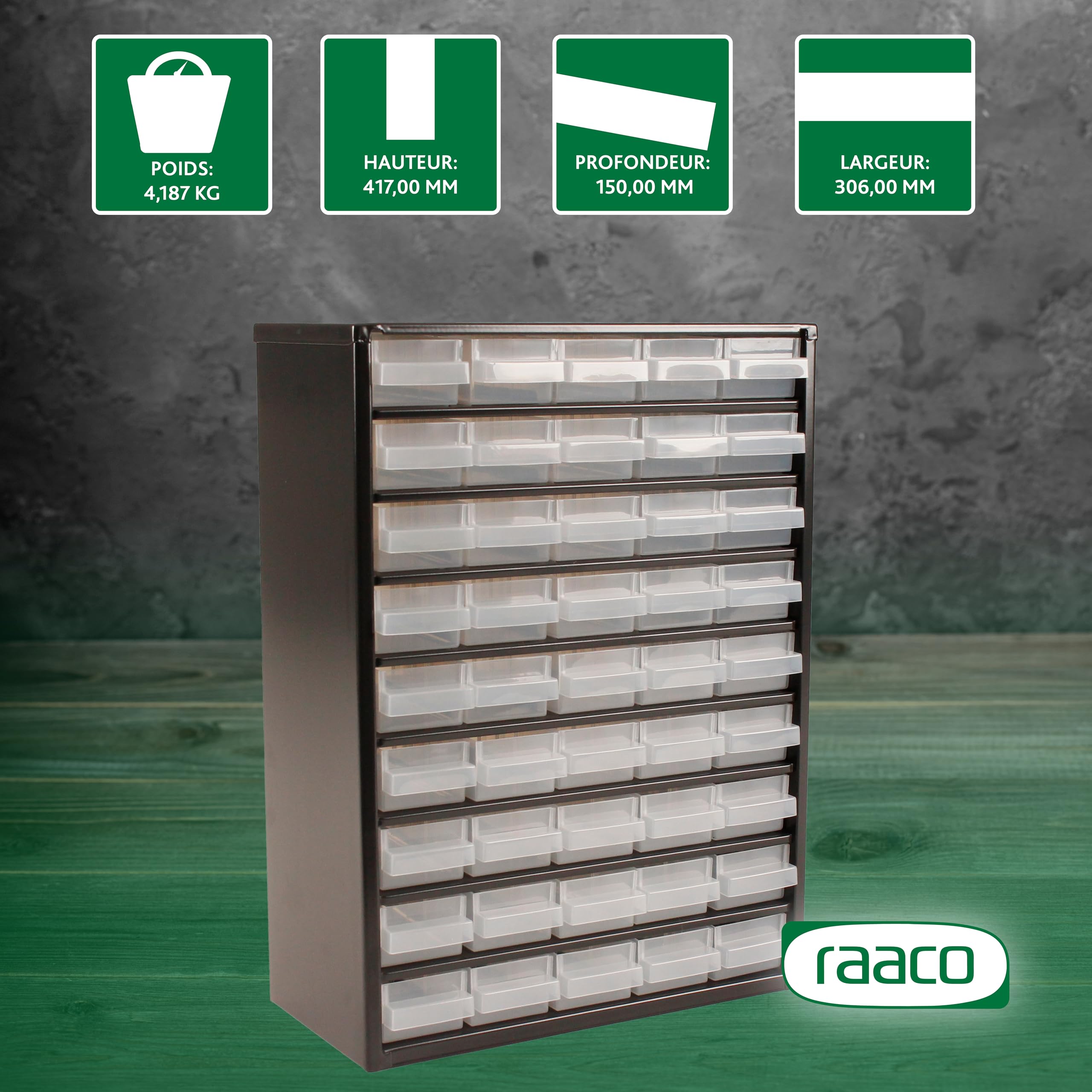 Raaco Casiers à Tiroirs C9-45, 45 tiroirs - Rangement Visserie Atelier | Cadre en Acier, 45 Tiroirs en Plastique, Charge 30 kg, 15 x 30,6 x 42 cm, Montable au Mur, pour Rangement Garage & Atelier