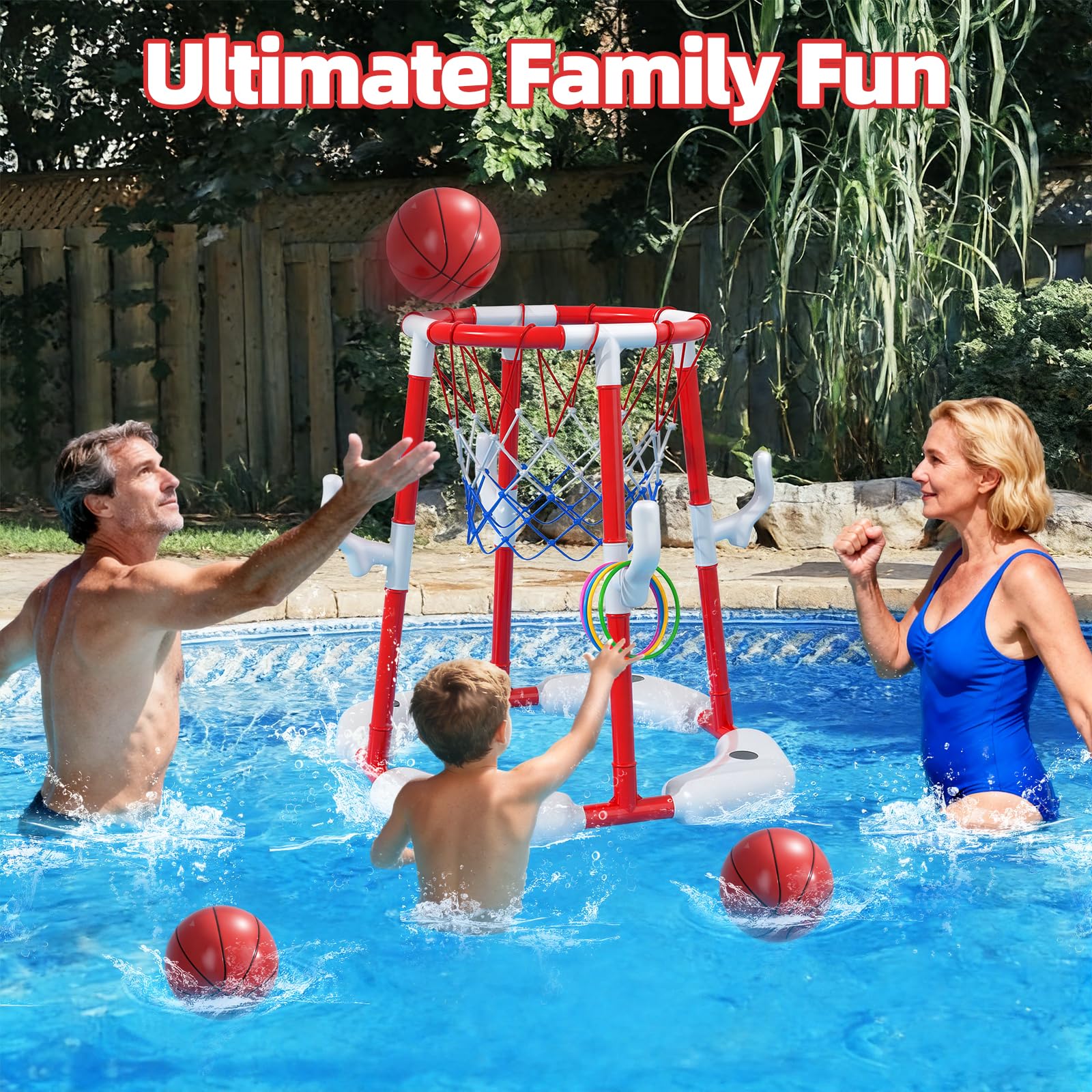 Anneau de Basket-Ball pour Enfants de 4 à 8 et 8 à 12 Ans, Jeu d'eau 2 en 1, Flottant et Hors Sol, avec 4 balles, 12 Anneaux et Pompe, Jouet d'extérieur pour Piscine pour Adultes, fêtes d'été