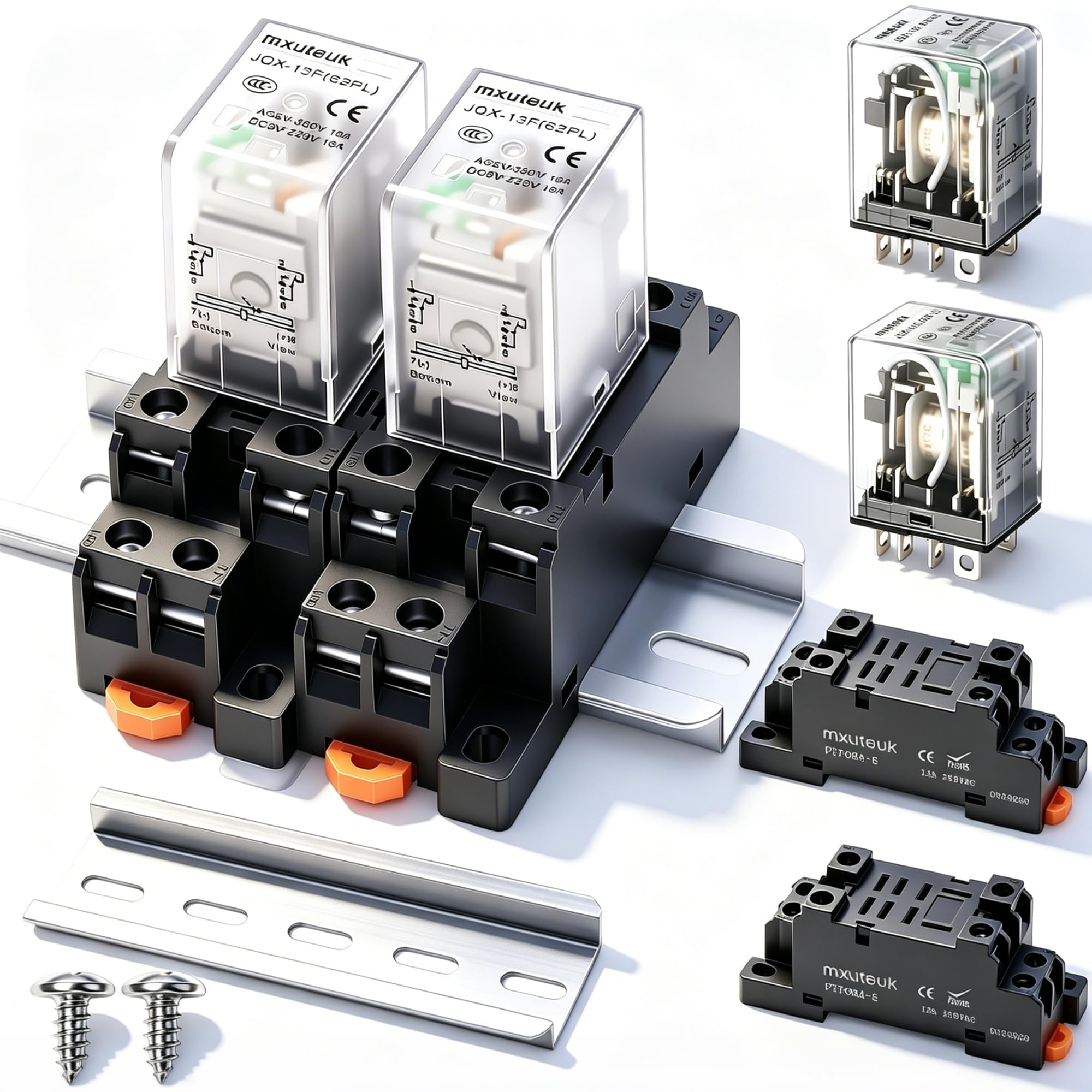 mxuteuk Lot de 2 relais de puissance de bobine JQX-13FL DC 12 V 8 broches 10 A DPDT Affichage LED électromagnétique Inverseur avec base de haute qualité, avec rail DIN en aluminium fendu