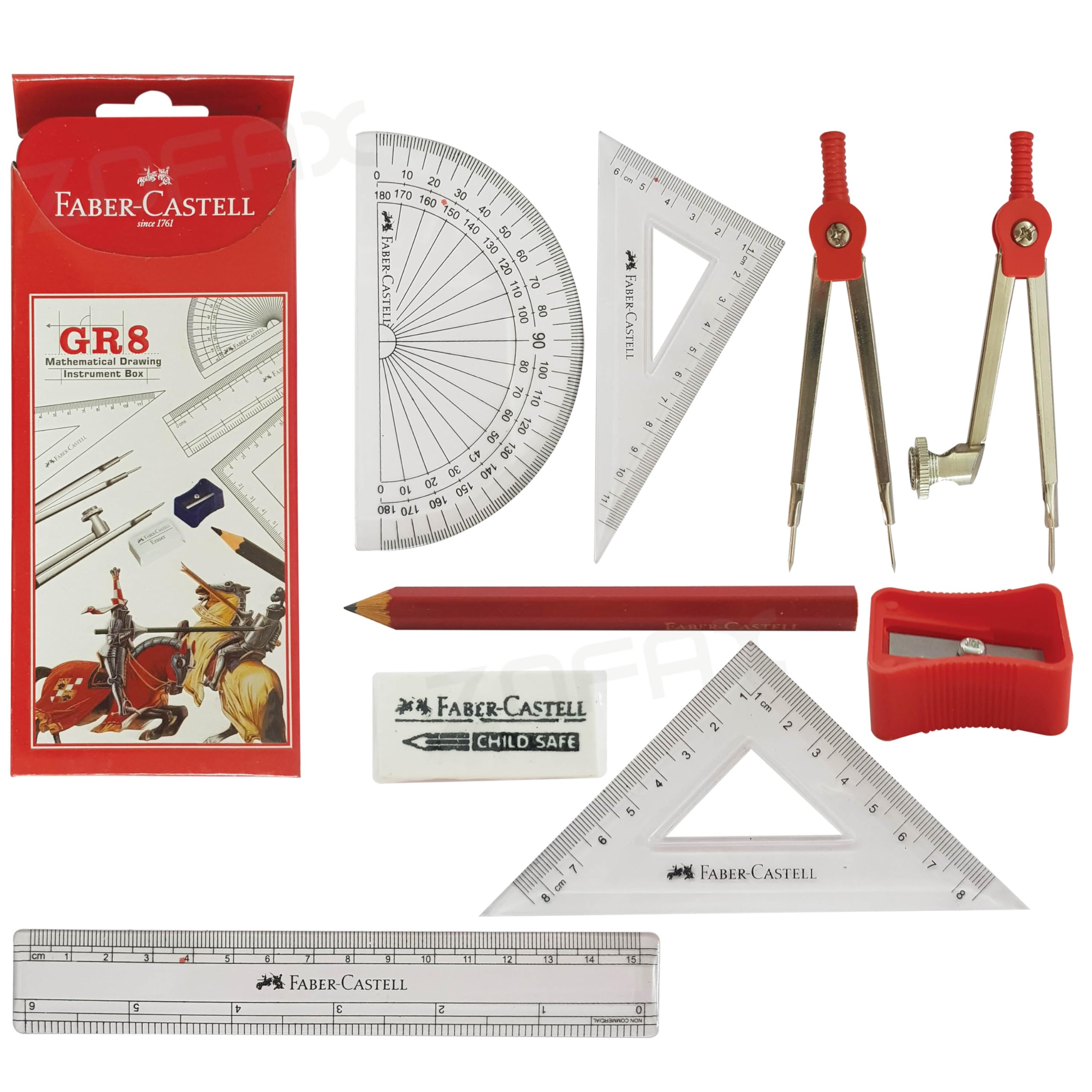 Faber-Castell Clear Gr8 Maths Geometry Tin Set, 9 Pcs Maths Compass Divider Protractor Set Squares Sharpener Eraser Ruler Pack, Student Exam Instrument Tin Case
